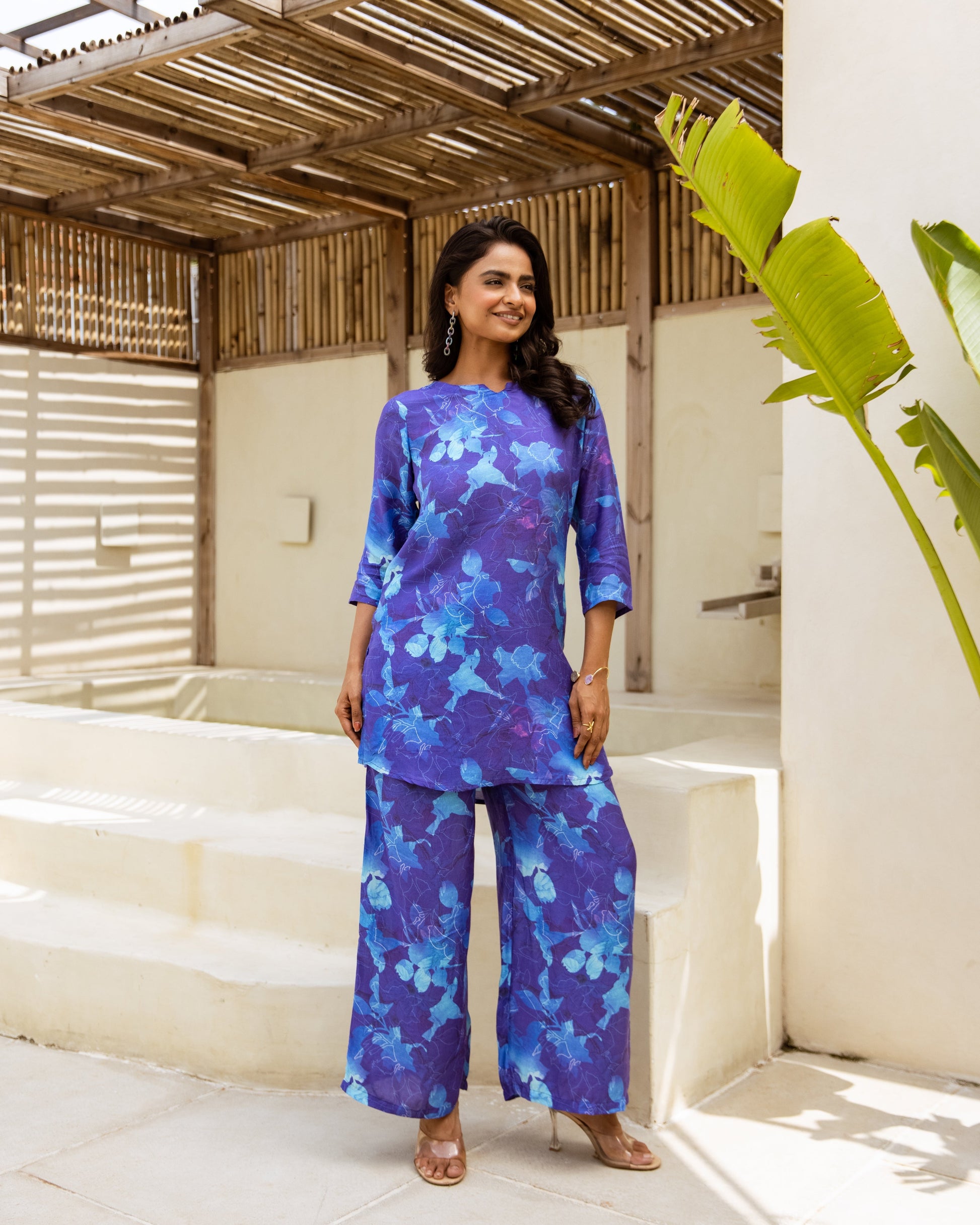 Aqua Bloom Blue Floral Muslin Co-ord Set - Hukum Jaipur