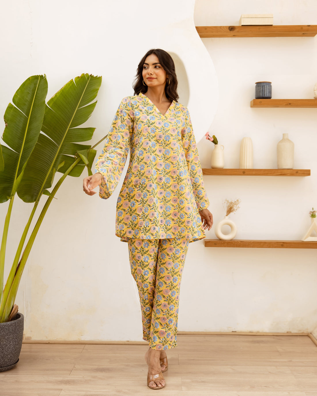 Amber Blossom: Yellow Floral Cotton Co-ord Set - Hukum Jaipur