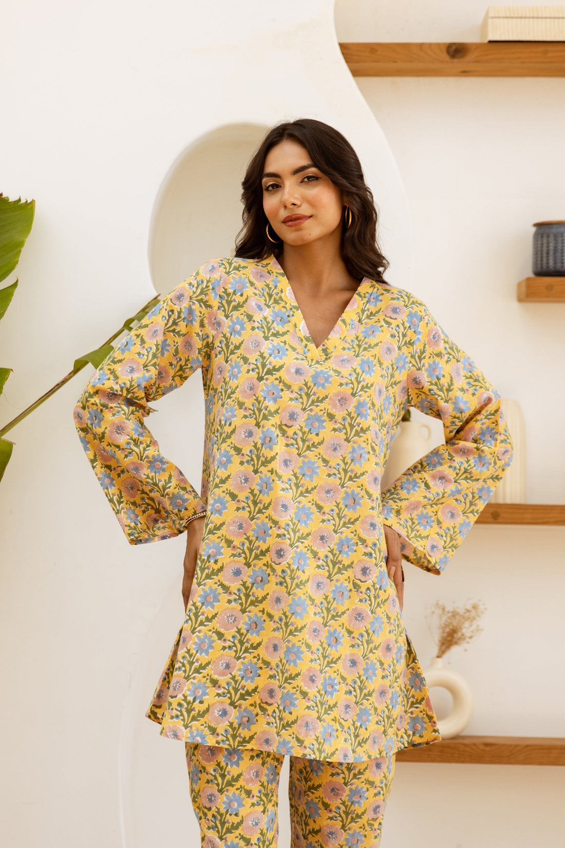 Amber Blossom: Yellow Floral Cotton Co-ord Set - Hukum Jaipur