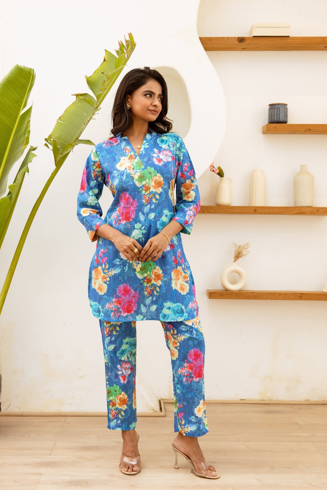 Ocean Breeze Bloom: Blue Floral Co-ord Set - Hukum Jaipur