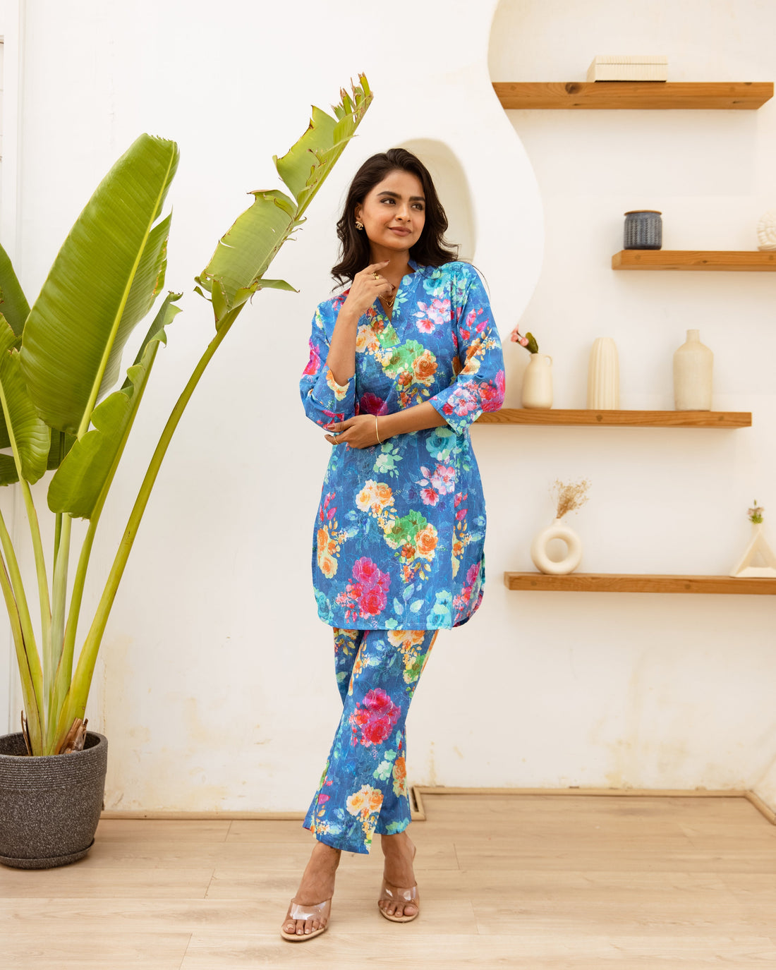 Ocean Breeze Bloom: Blue Floral Co-ord Set - Hukum Jaipur