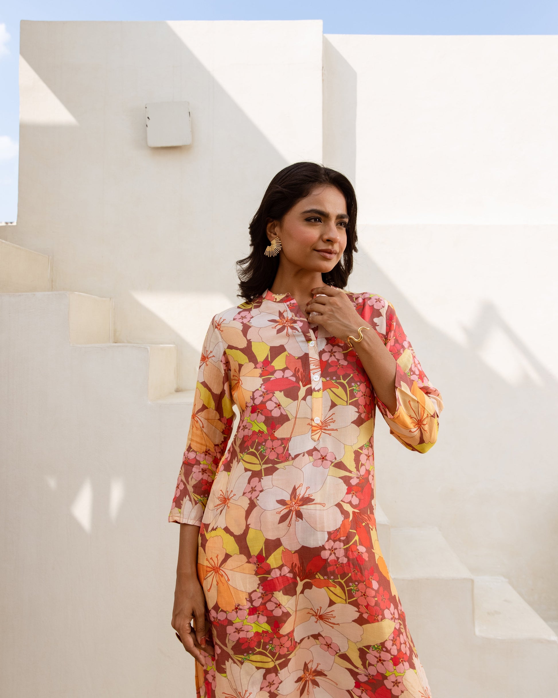 Earthy Blossoms: Brown Floral Muslin Co-ord Set - Hukum Jaipur