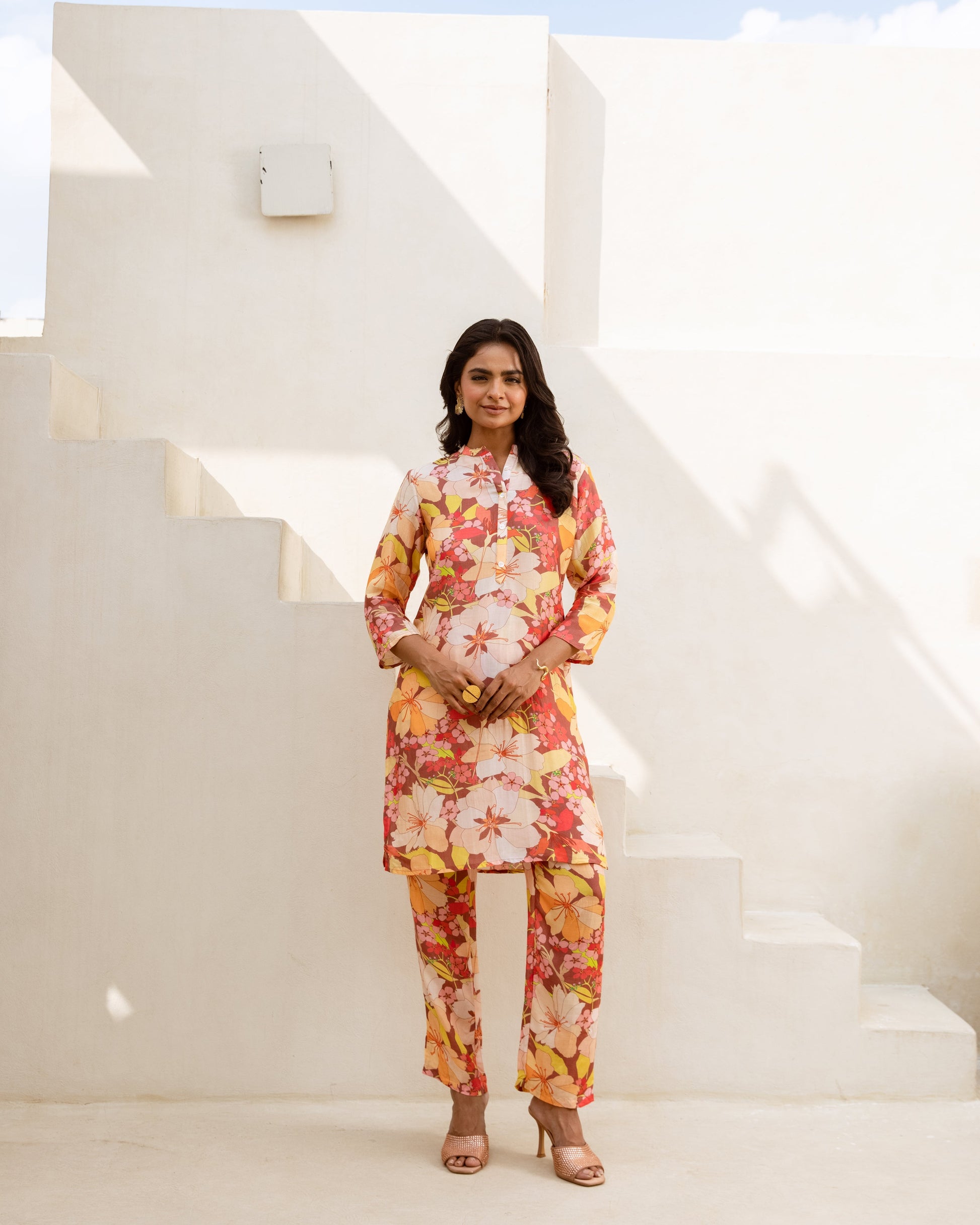 Earthy Blossoms: Brown Floral Muslin Co-ord Set - Hukum Jaipur