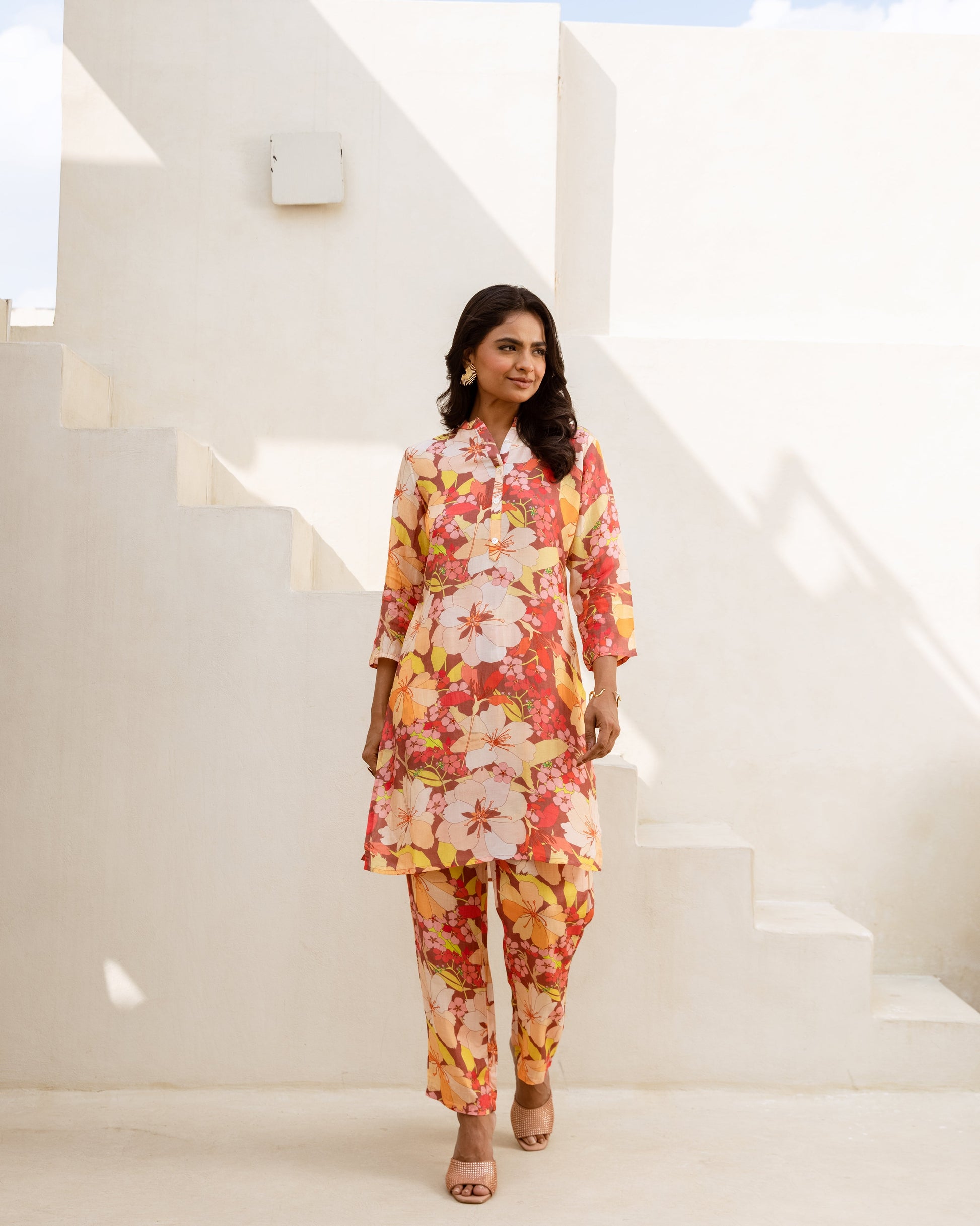 Earthy Blossoms: Brown Floral Muslin Co-ord Set - Hukum Jaipur