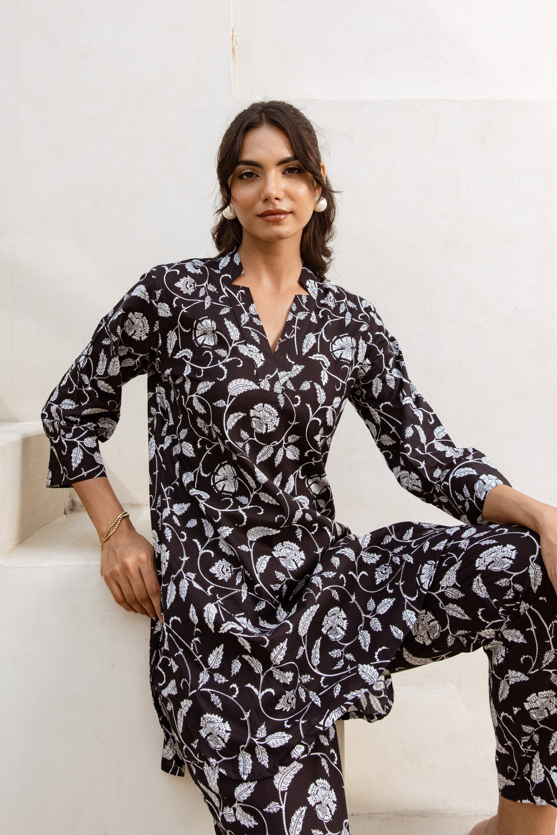 Nocturnal Garden: Black Floral Harmony Co-ord Set - Hukum Jaipur