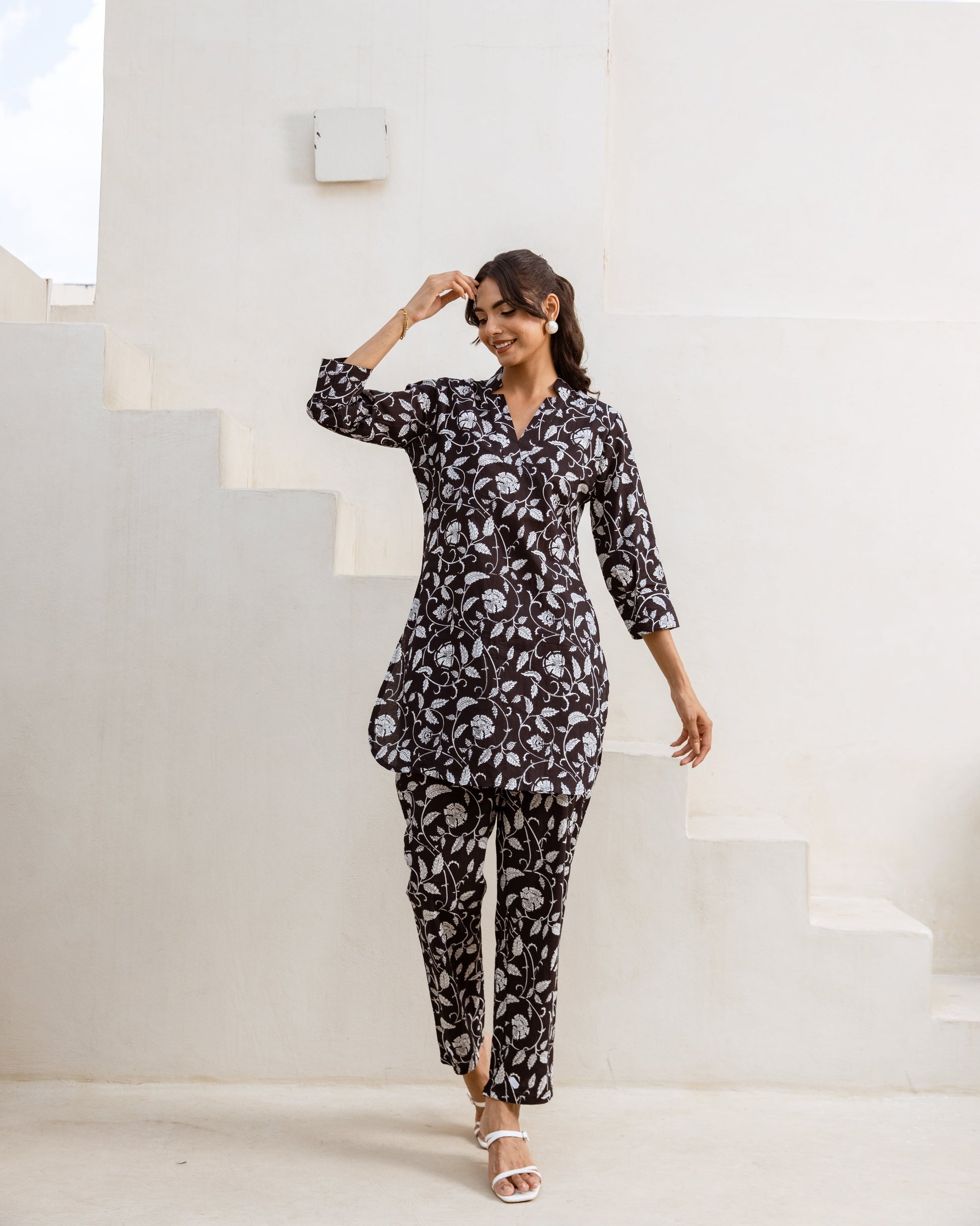 Nocturnal Garden: Black Floral Harmony Co-ord Set - Hukum Jaipur