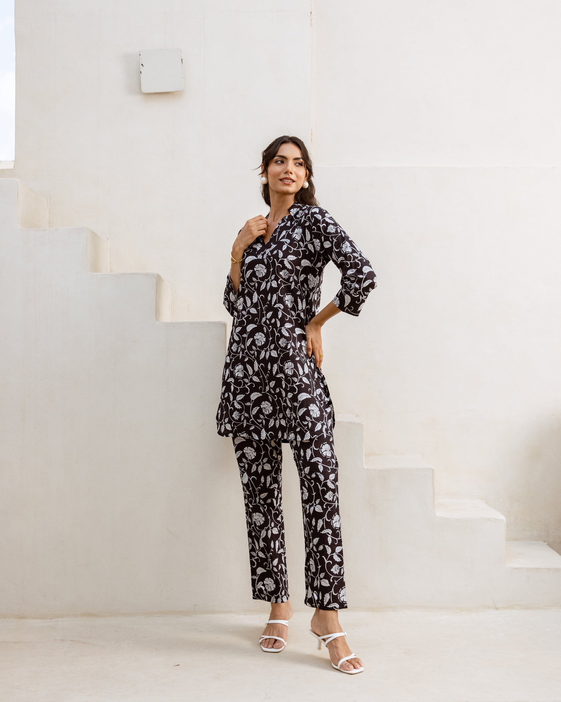 Nocturnal Garden: Black Floral Harmony Co-ord Set - Hukum Jaipur