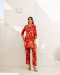 Crimson Charm: Red Floral Cotton Co-ord Set - Hukum Jaipur