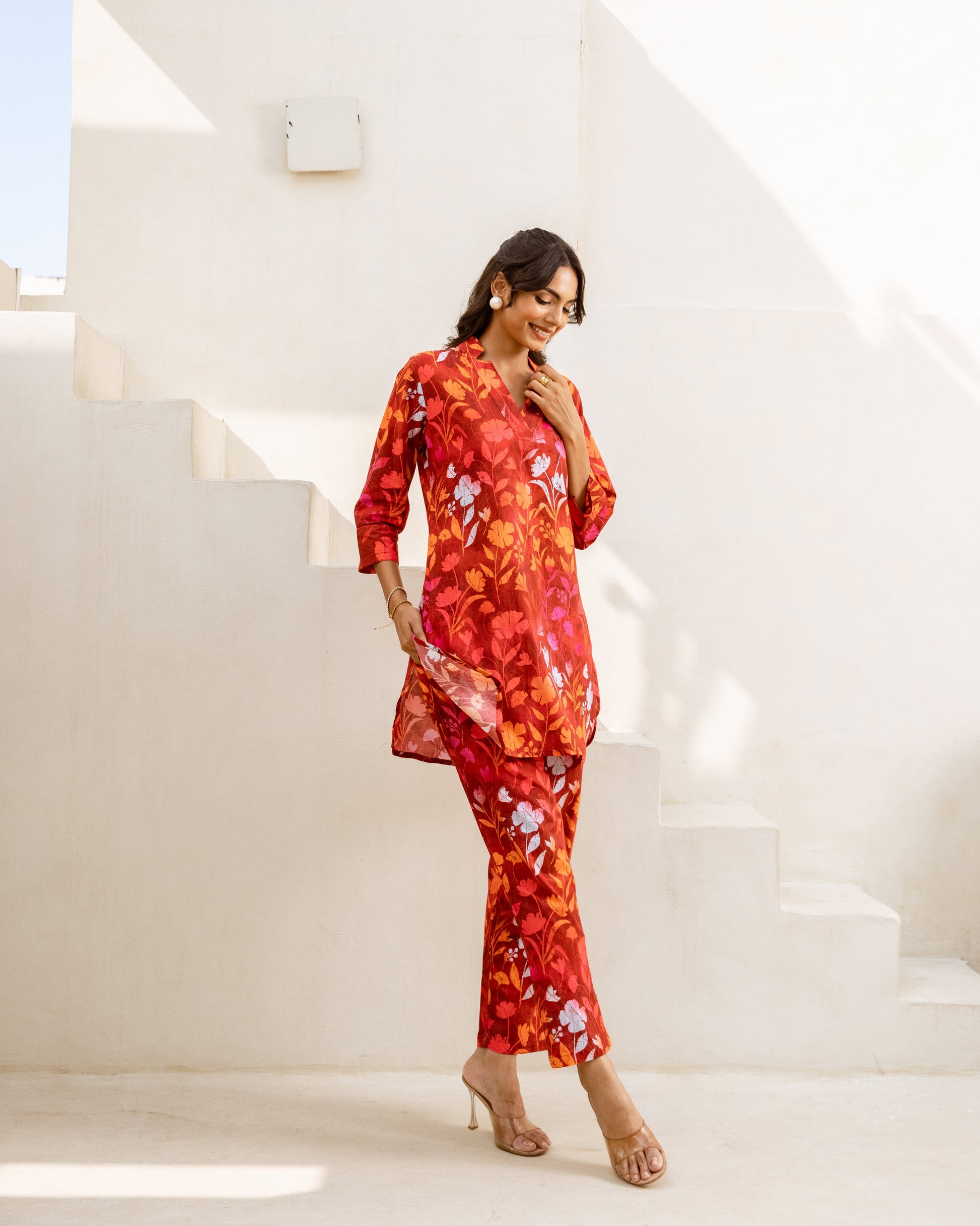 Crimson Charm: Red Floral Cotton Co-ord Set - Hukum Jaipur