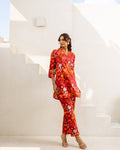 Crimson Charm: Red Floral Cotton Co-ord Set - Hukum Jaipur