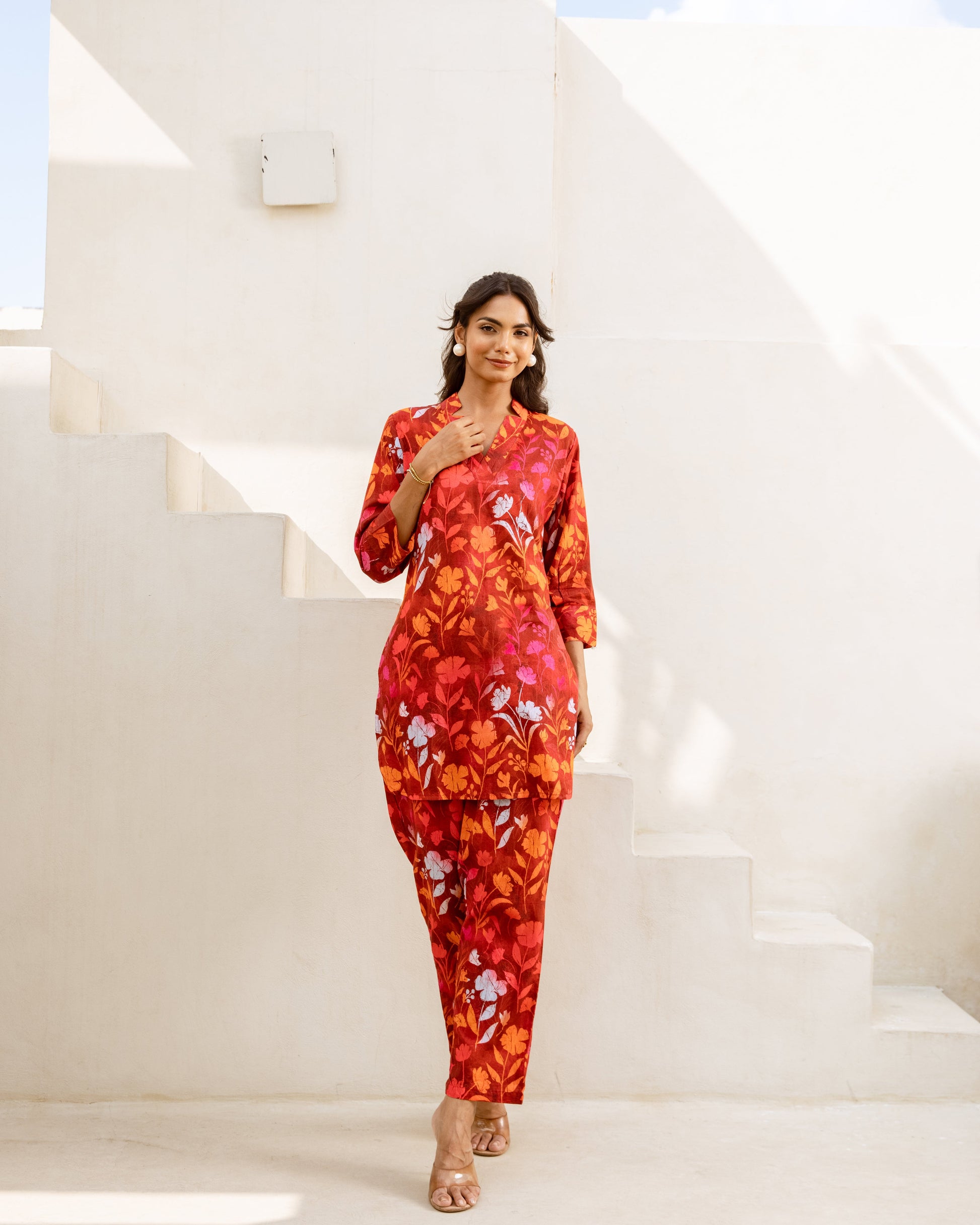 Crimson Charm: Red Floral Cotton Co-ord Set - Hukum Jaipur