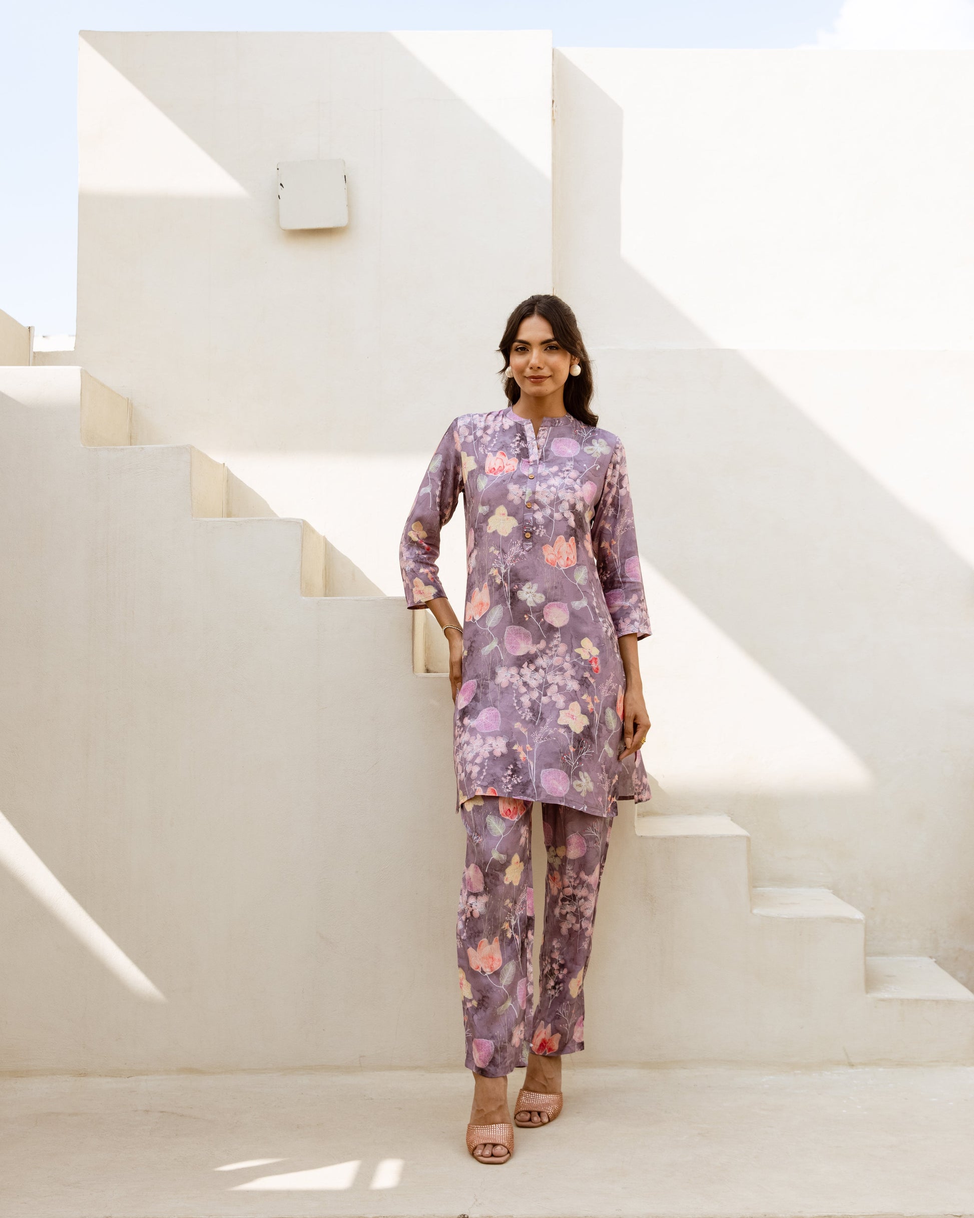 Misty Bloom: Grey Muslin Floral Co-ord Set - Hukum Jaipur