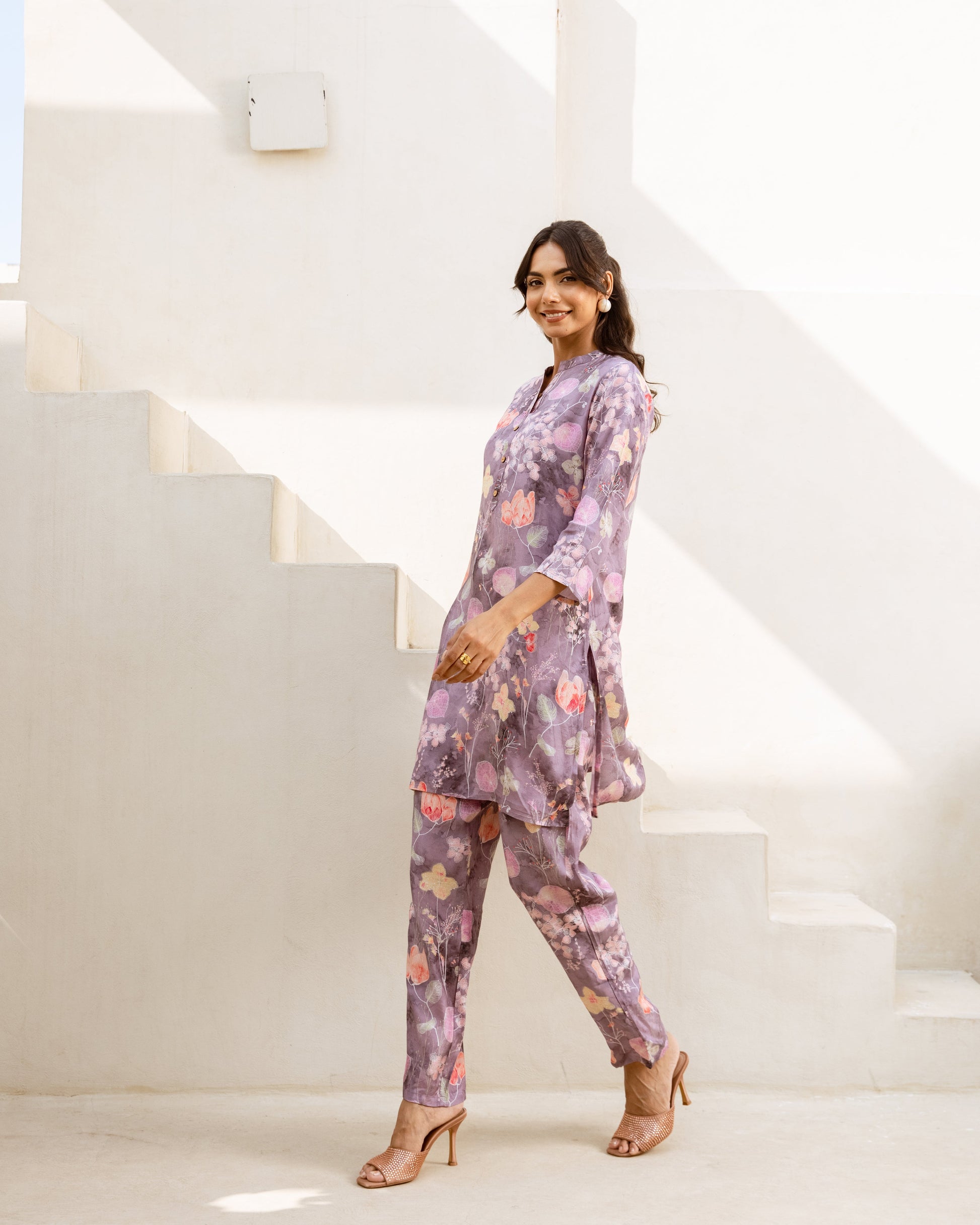 Misty Bloom: Grey Muslin Floral Co-ord Set - Hukum Jaipur