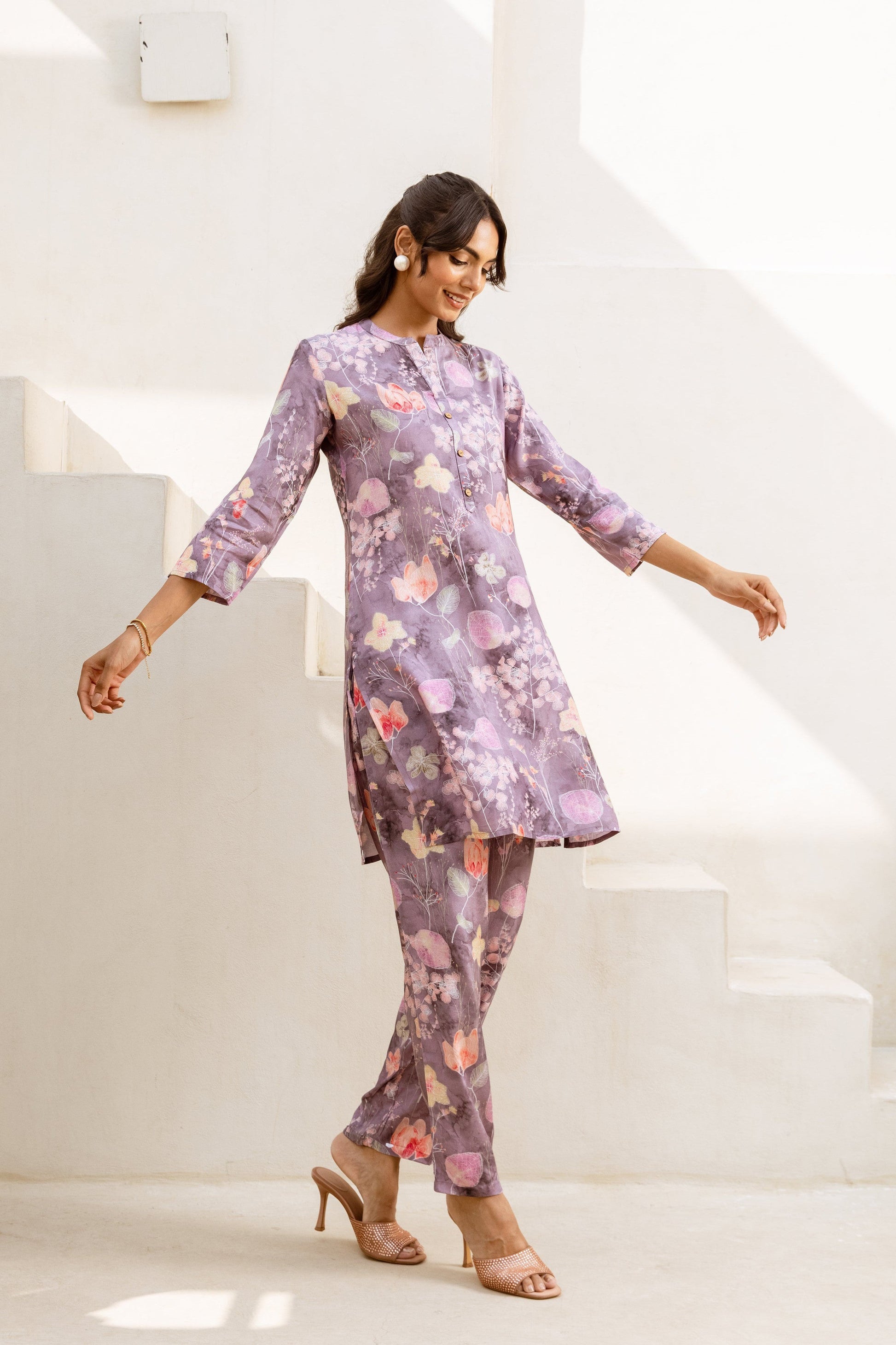 Misty Bloom: Grey Muslin Floral Co-ord Set - Hukum Jaipur