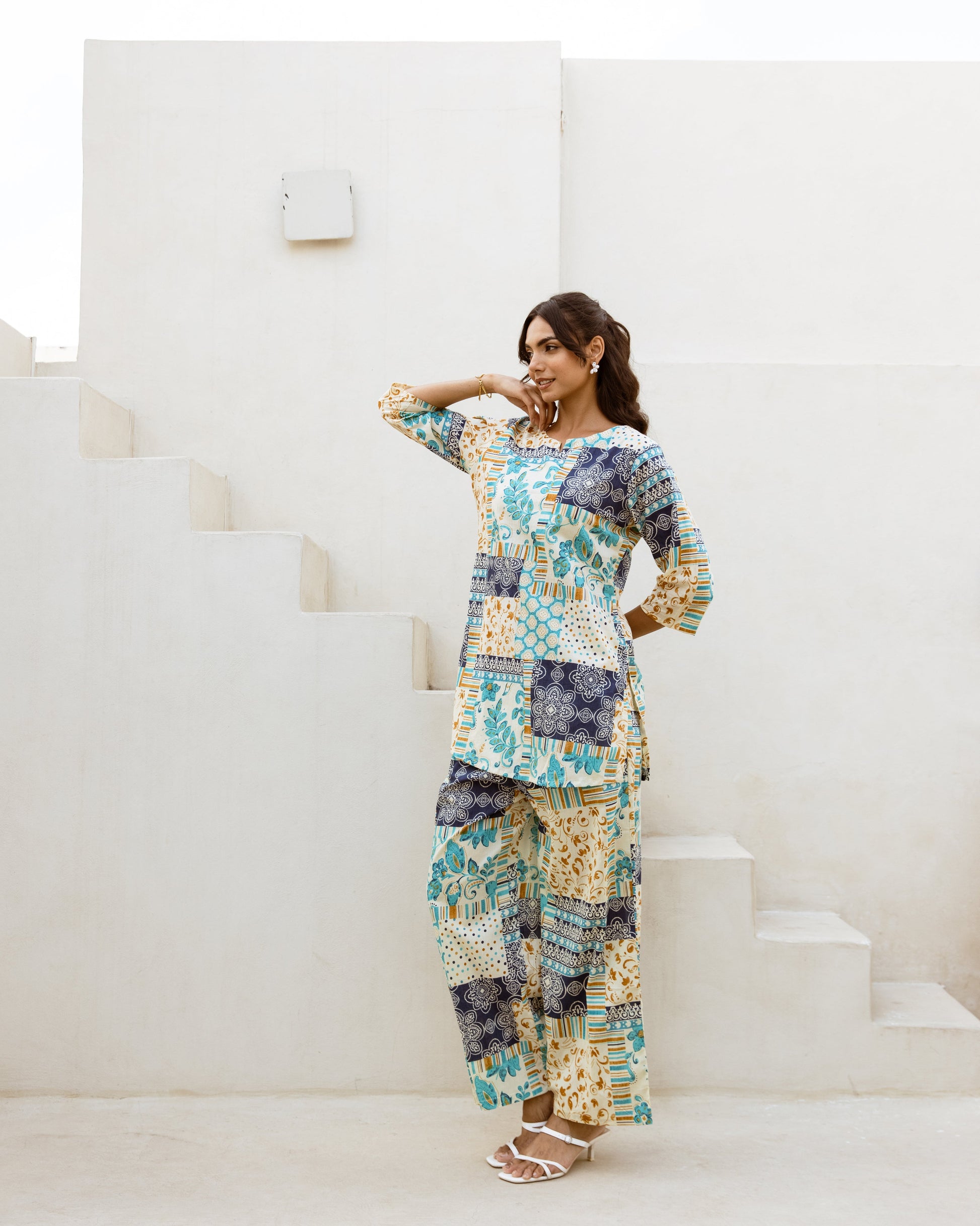 Eclectic Multi Abstract White Co-ord Set - Hukum Jaipur