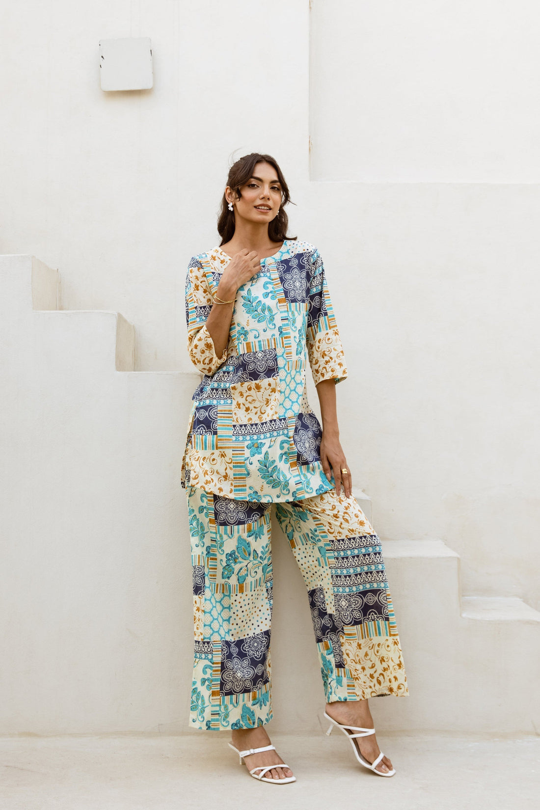 Eclectic Multi Abstract White Co-ord Set - Hukum Jaipur