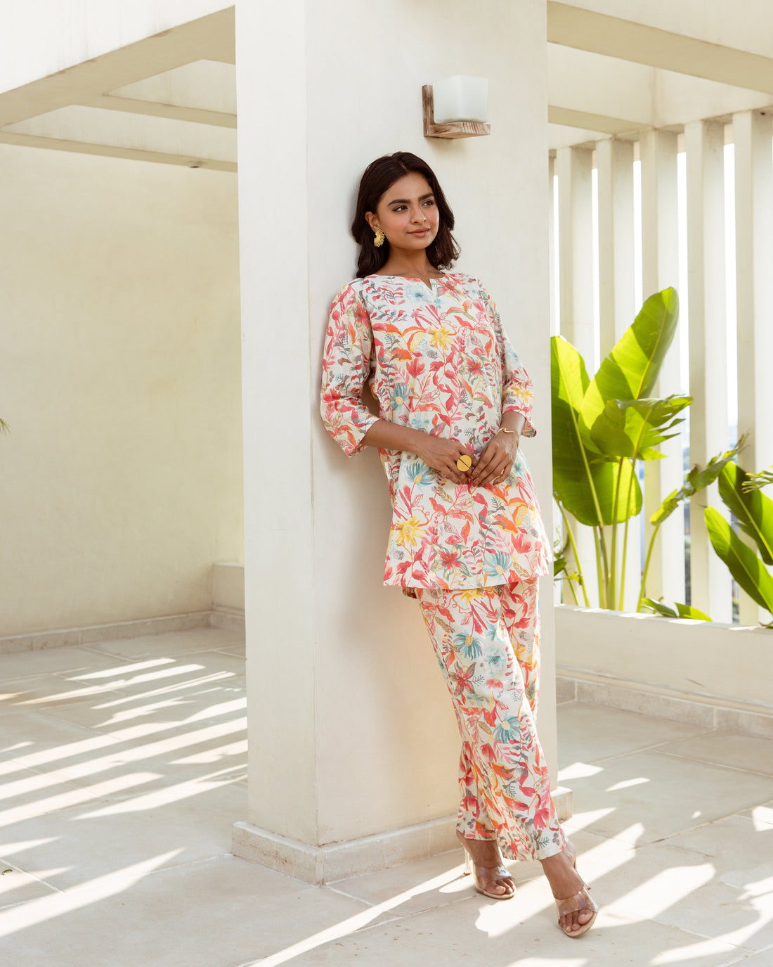 Chic Cream Floral Modal Silk Co-ord Set - Hukum Jaipur