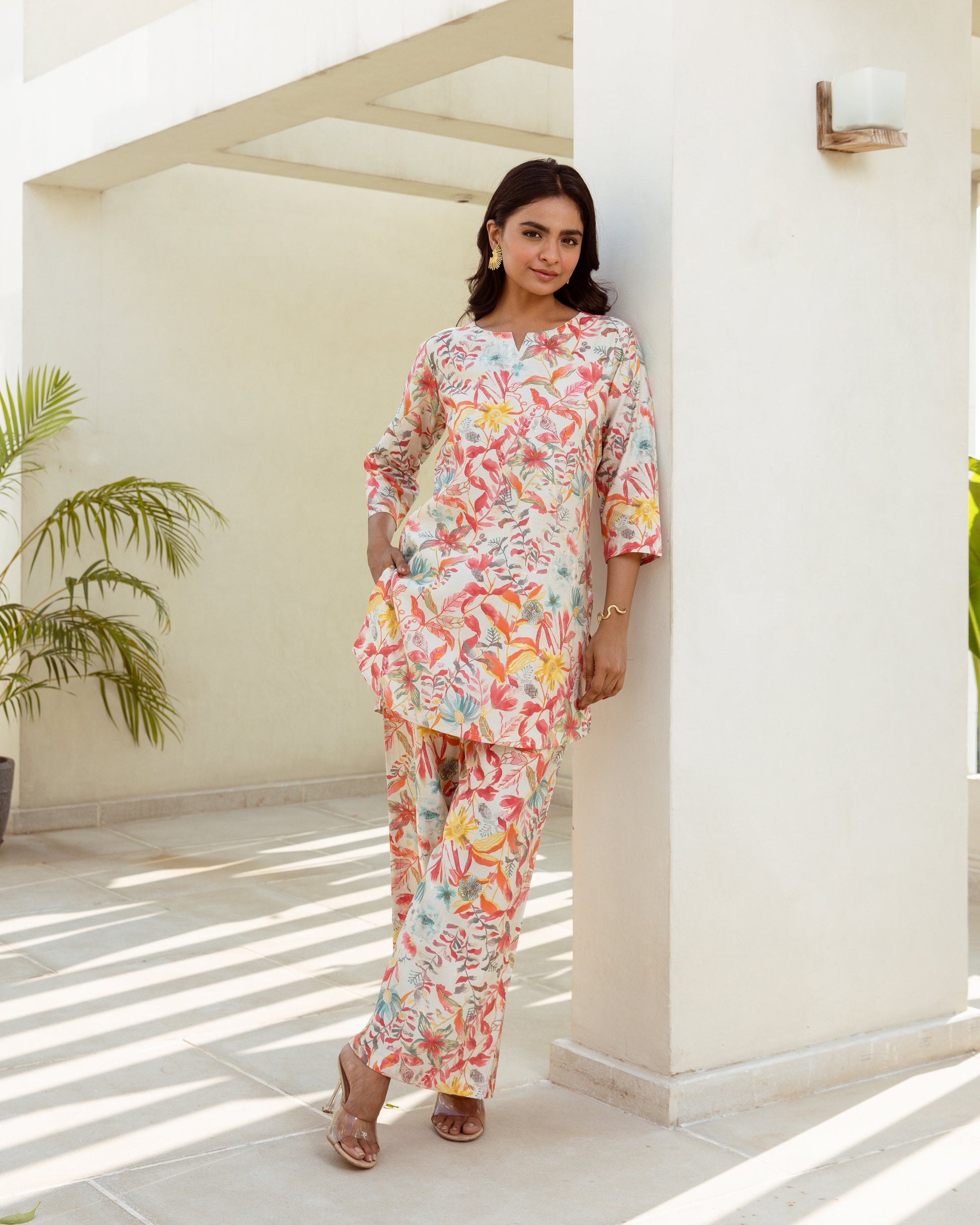 Chic Cream Floral Modal Silk Co-Ord Set - Hukum Jaipur