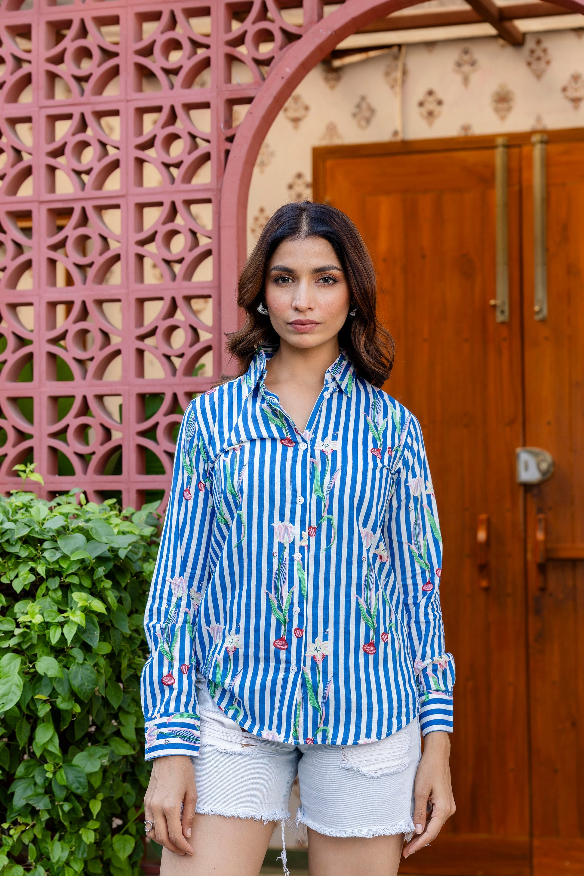 Riviera Bloom Striped Cotton Shirt - Hukum Jaipiur