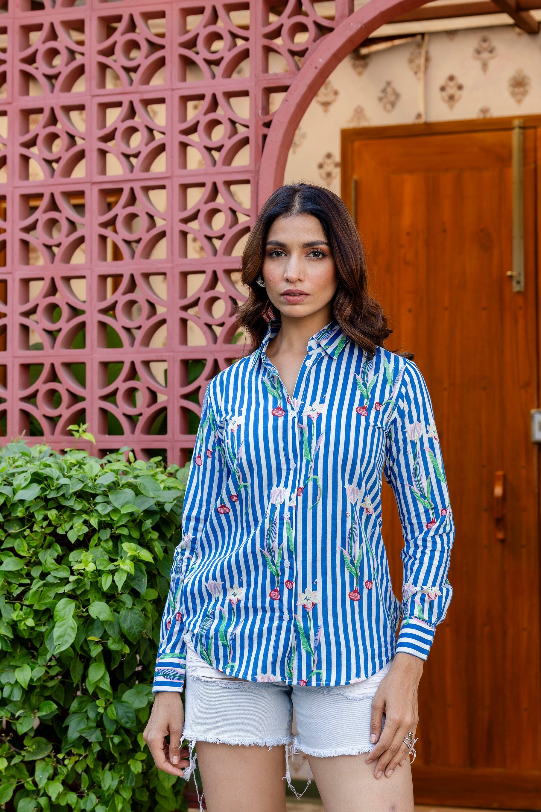 Riviera Bloom Striped Cotton Shirt - Hukum Jaipiur