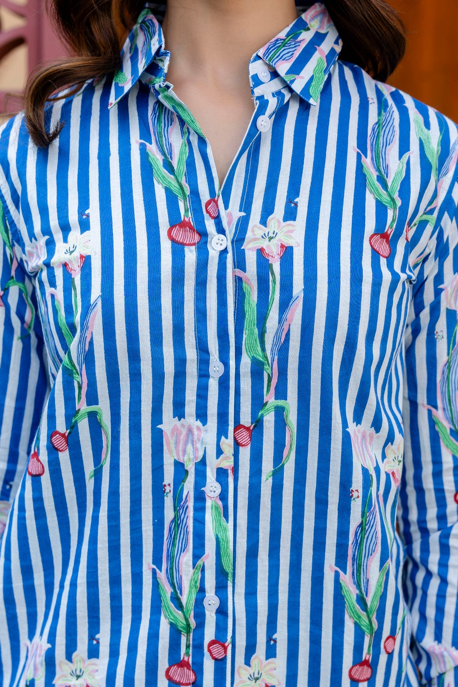Riviera Bloom Striped Cotton Shirt - Hukum Jaipiur