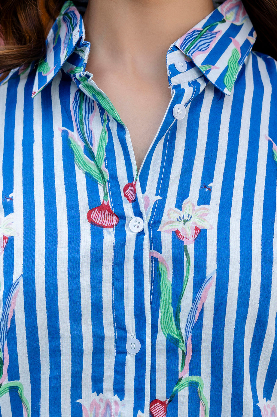 Riviera Bloom Striped Cotton Shirt - Hukum Jaipiur
