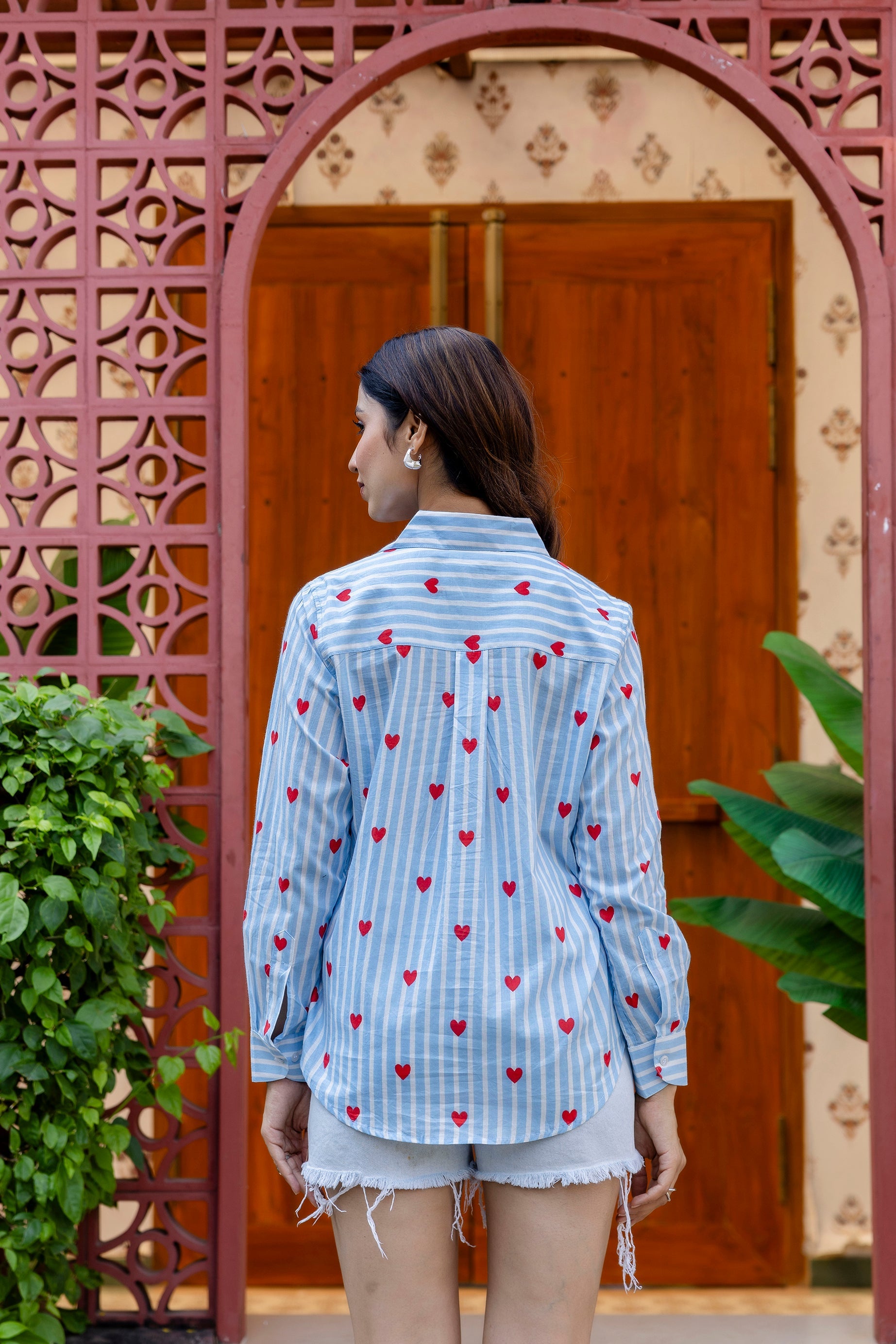 Azure Hearts Striped Cotton Shirt - Hukum Jaipur