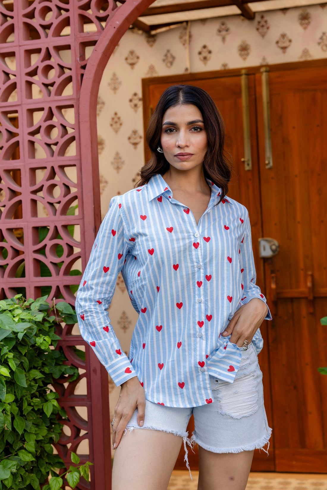 Azure Hearts Striped Cotton Shirt - Hukum Jaipur