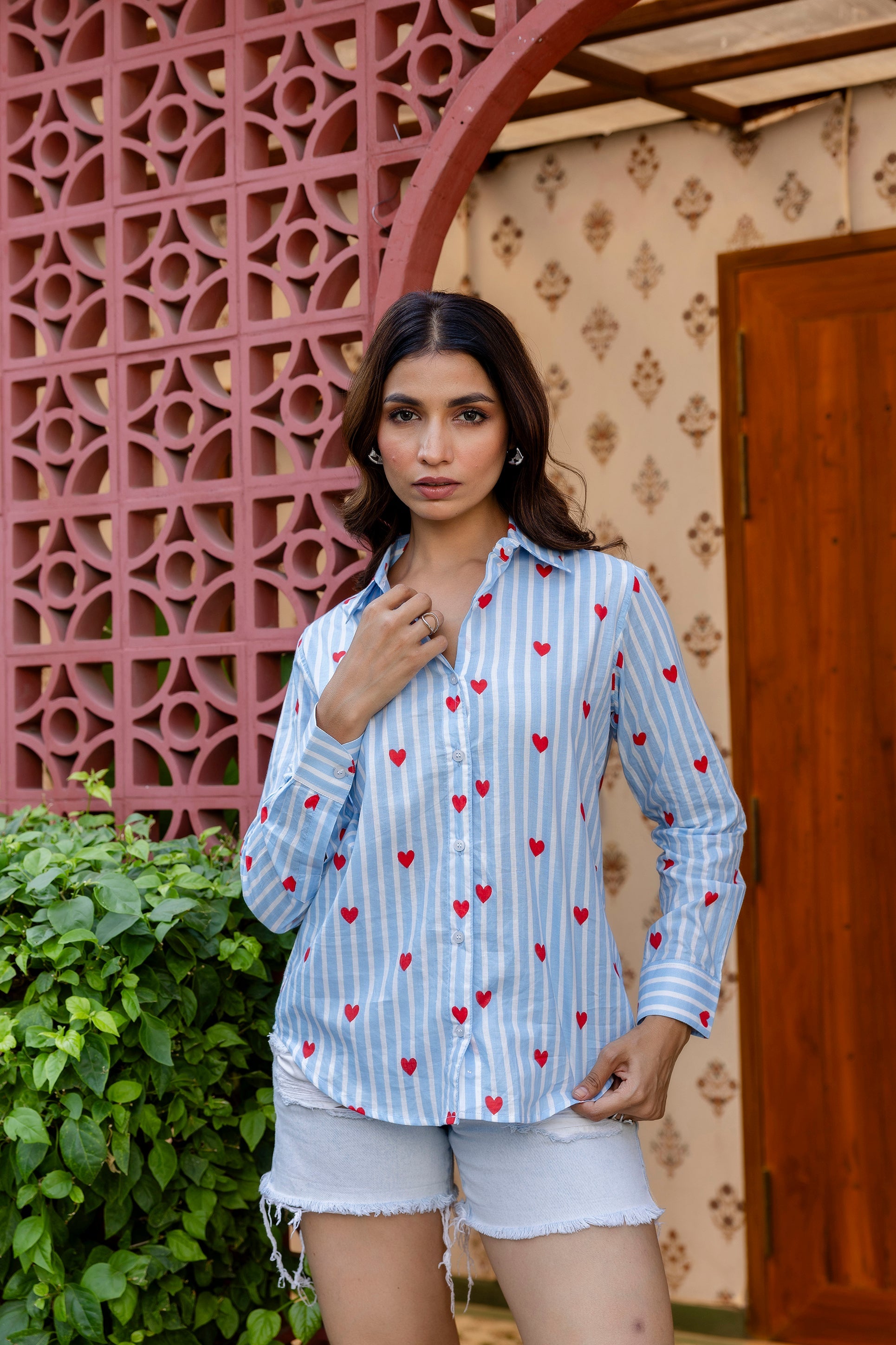 Azure Hearts Striped Cotton Shirt - Hukum Jaipur