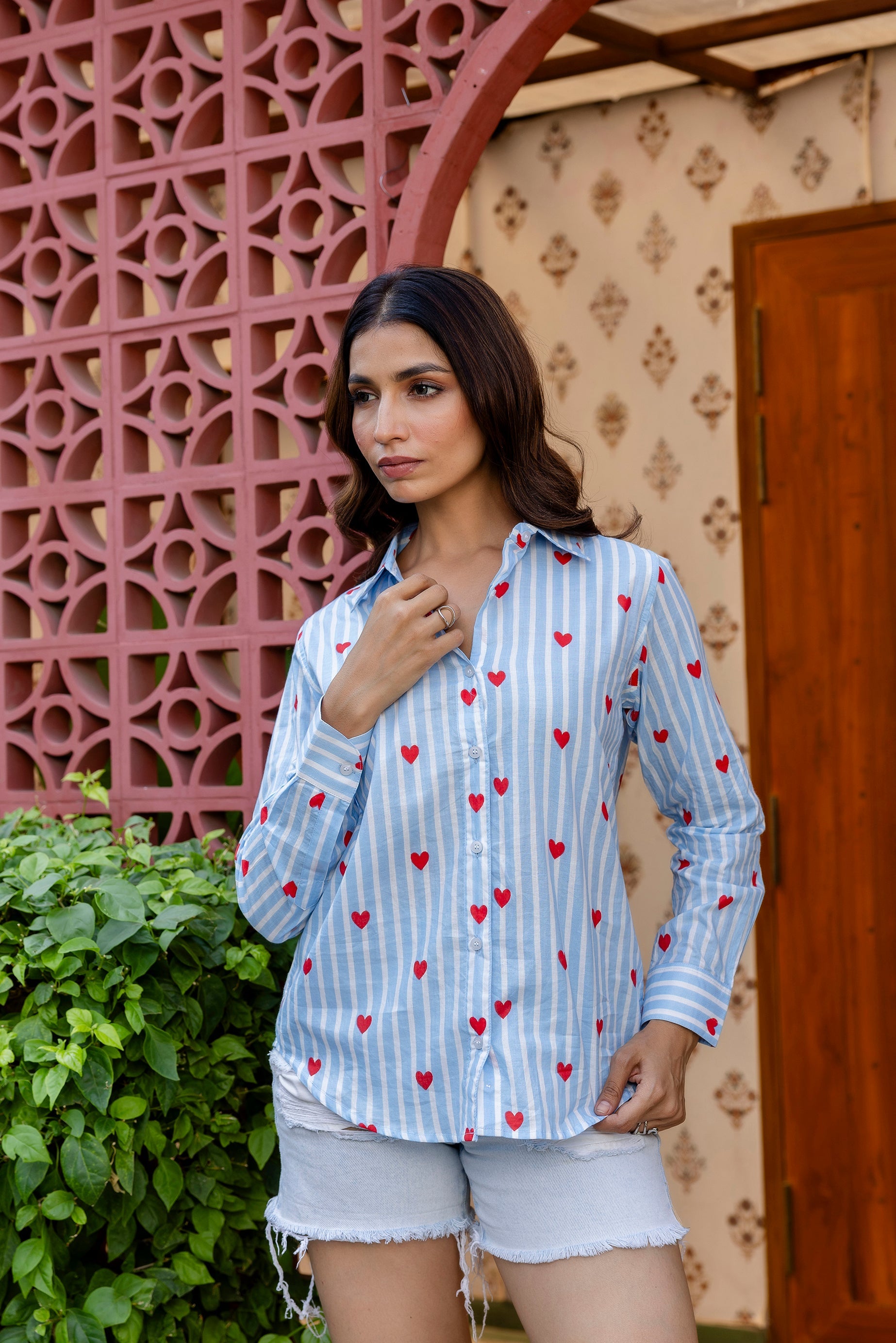 Azure Hearts Striped Cotton Shirt - Hukum Jaipur