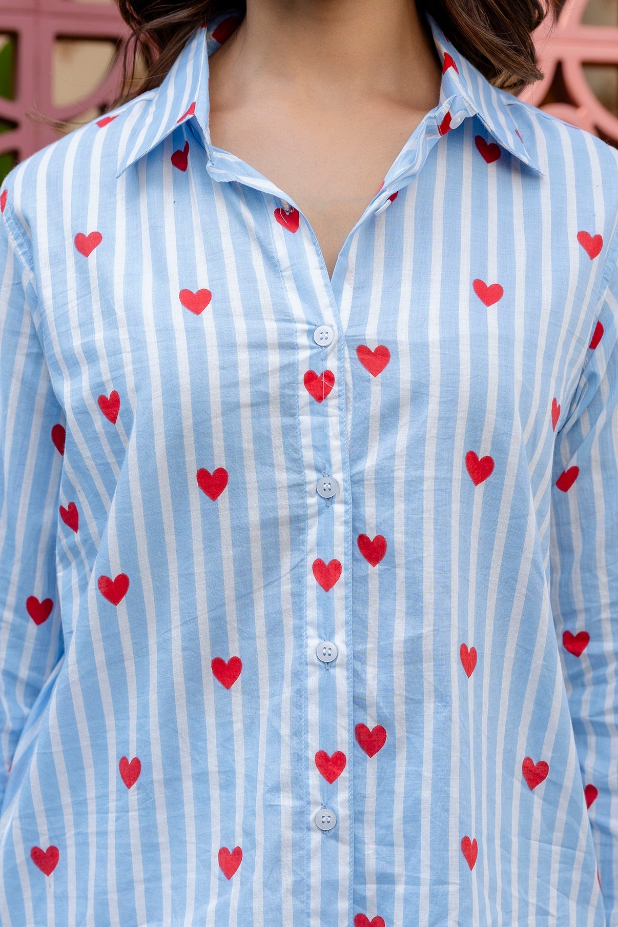 Azure Hearts Striped Cotton Shirt - Hukum Jaipur