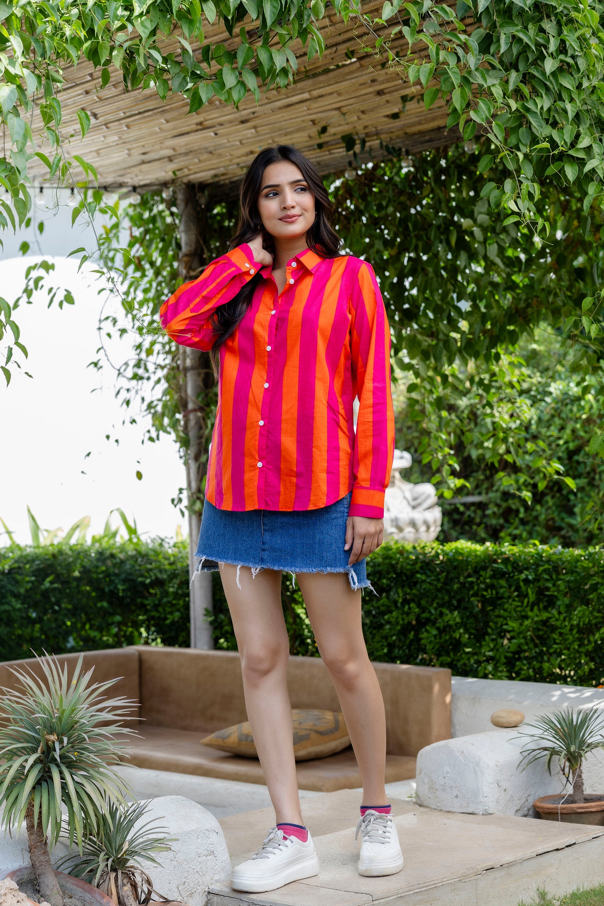 Tangerine Tango Striped Cotton Shirt - Hukum Jaipur