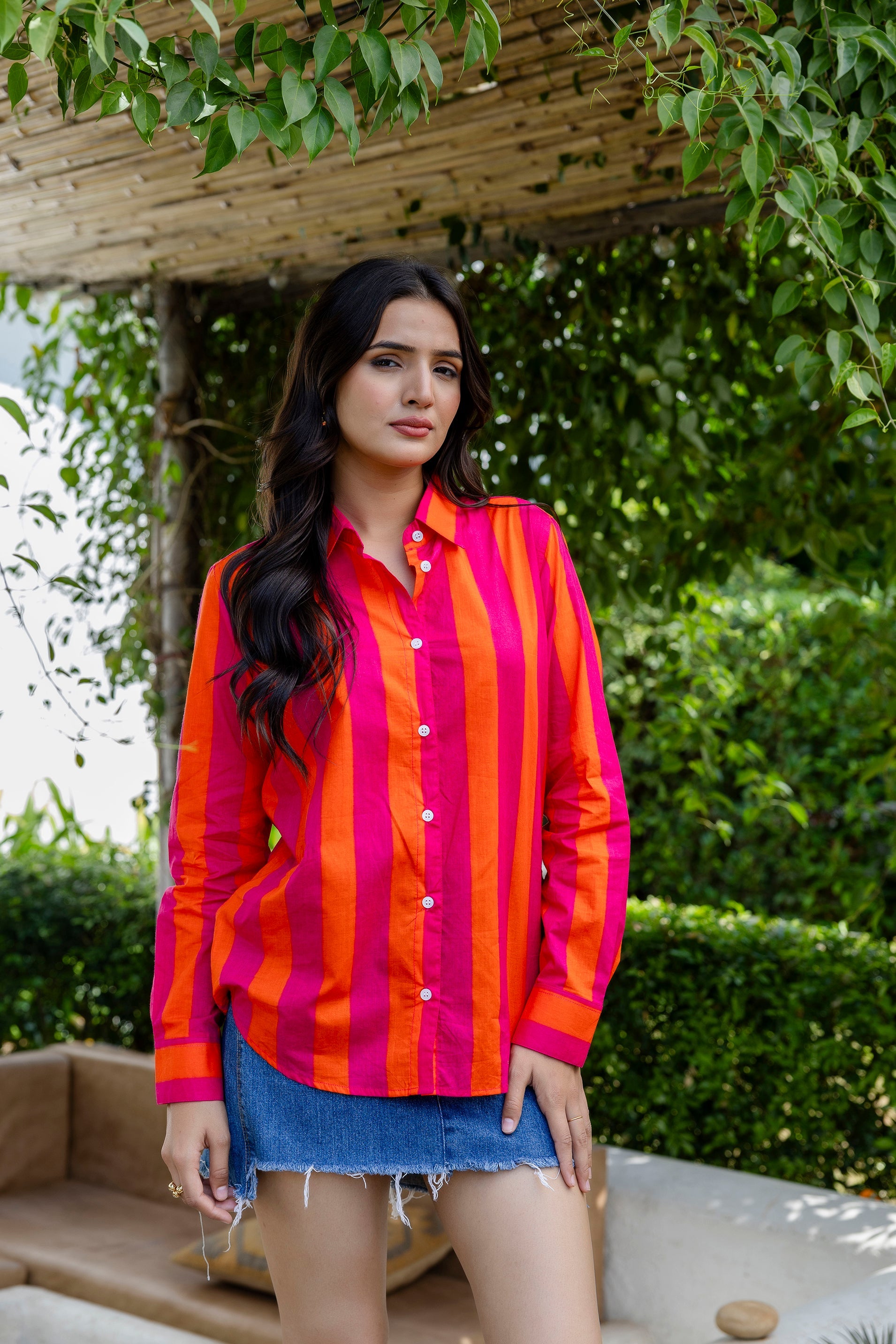 Tangerine Tango Striped Cotton Shirt - Hukum Jaipur