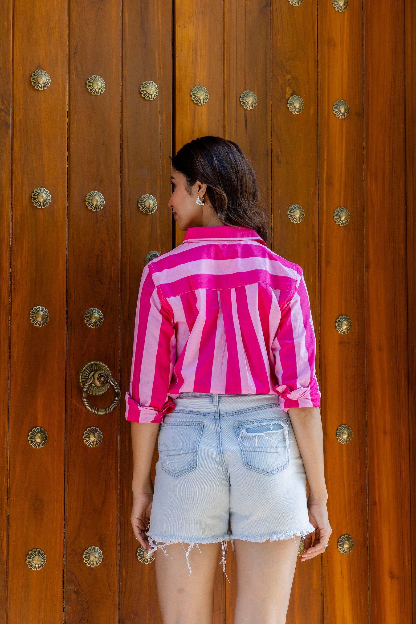 Bubblegum Bliss Striped Cotton Shirt - Hukum Jaipur