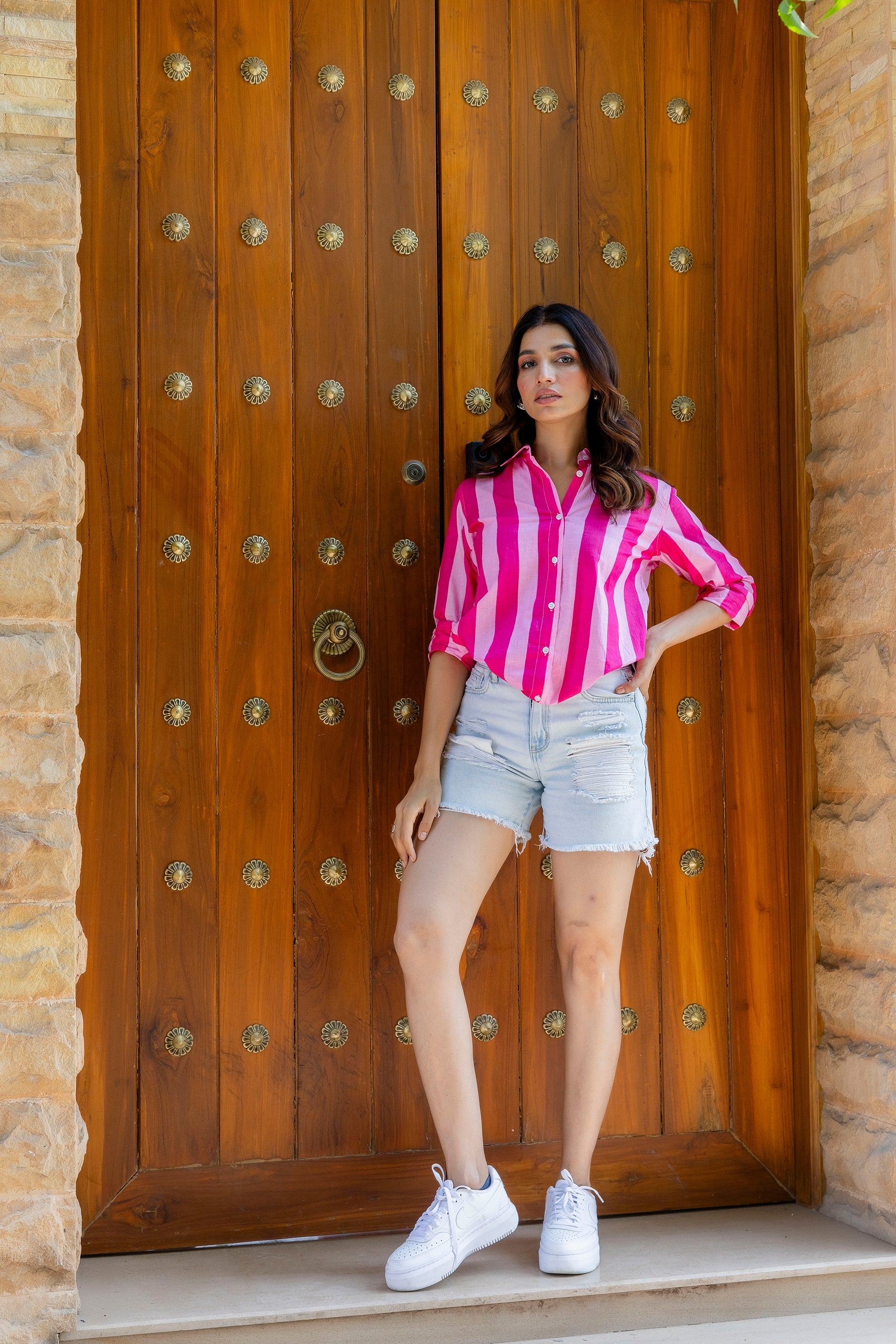 Bubblegum Bliss Striped Cotton Shirt - Hukum Jaipur
