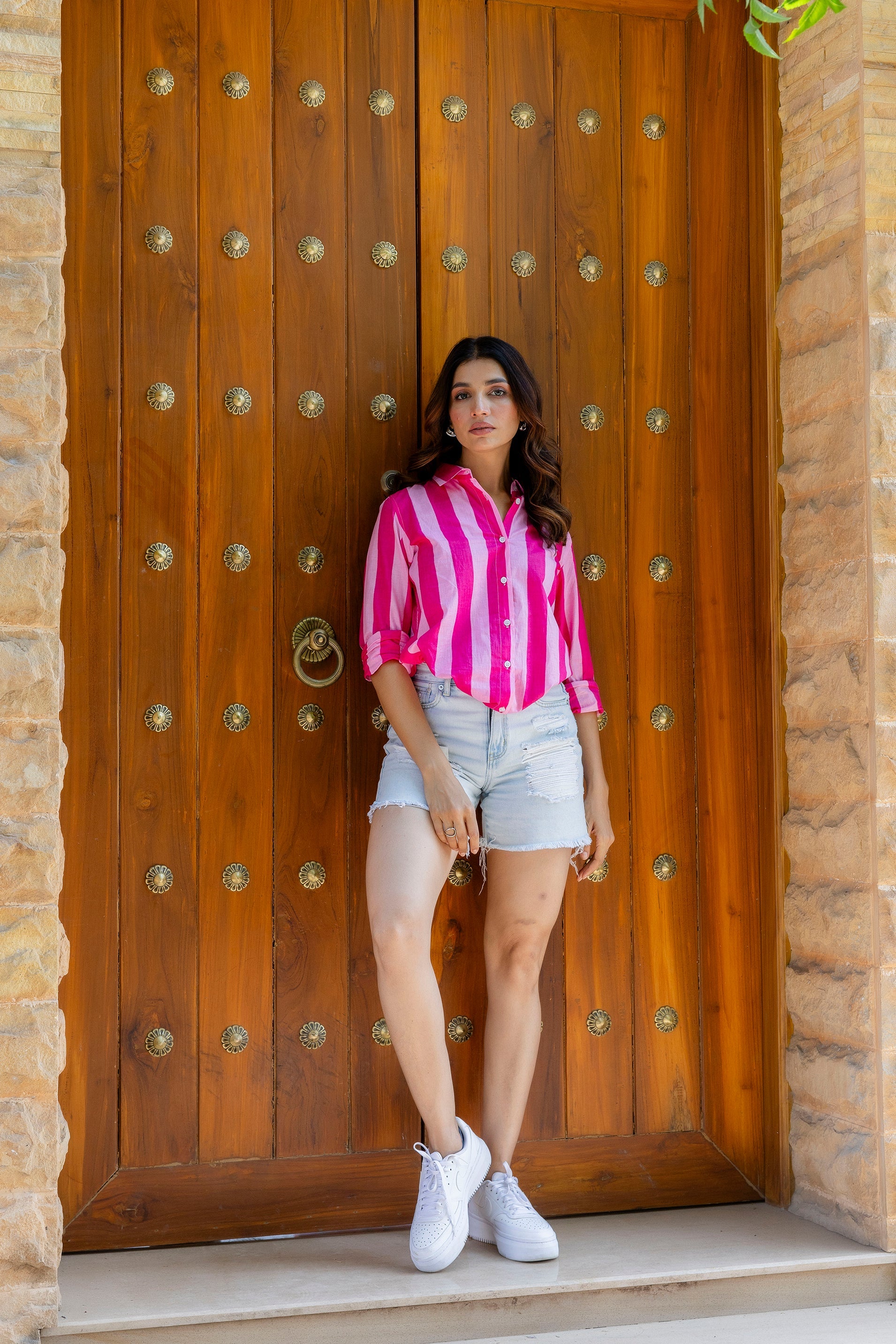 Bubblegum Bliss Striped Cotton Shirt - Hukum Jaipur