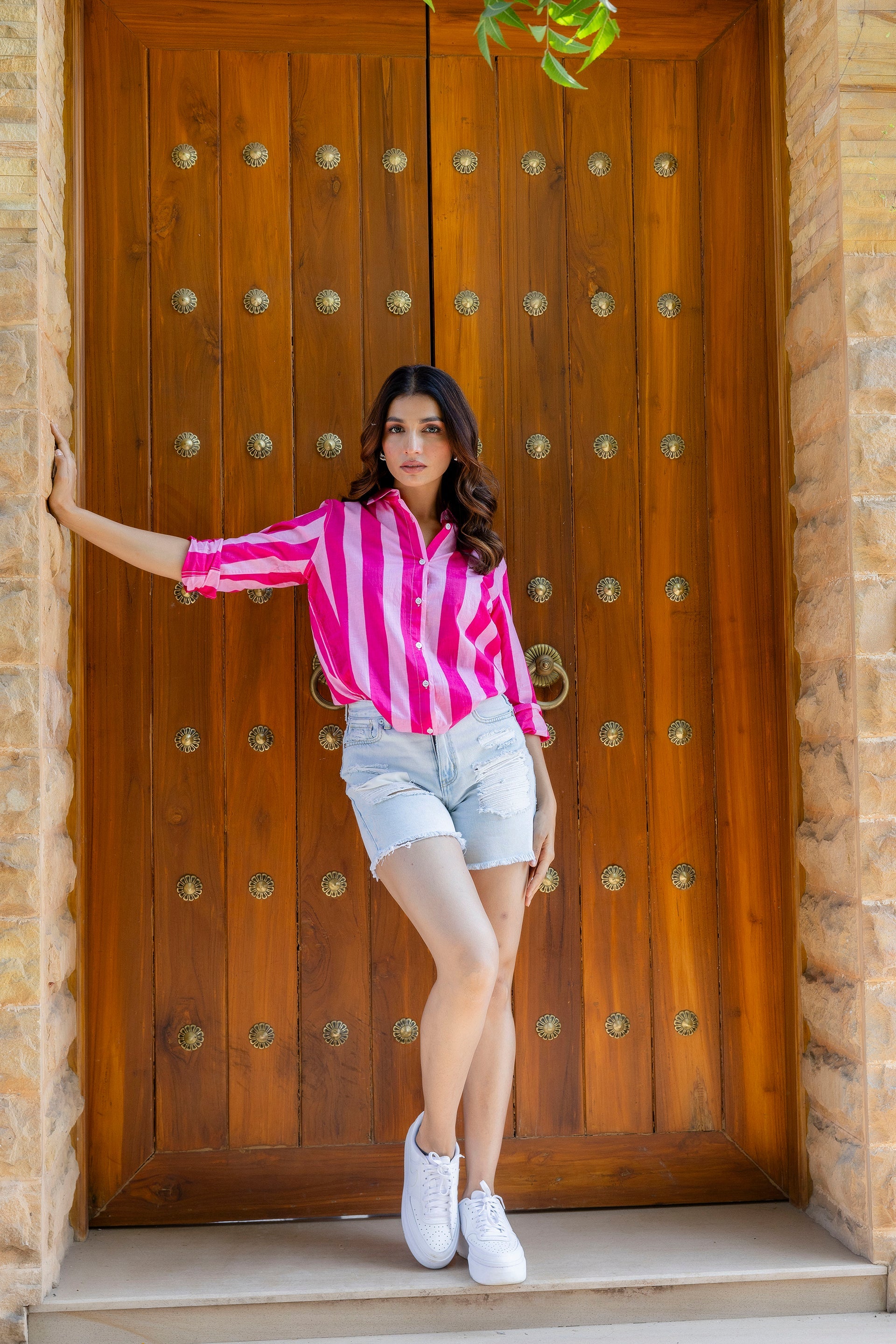 Bubblegum Bliss Striped Cotton Shirt - Hukum Jaipur