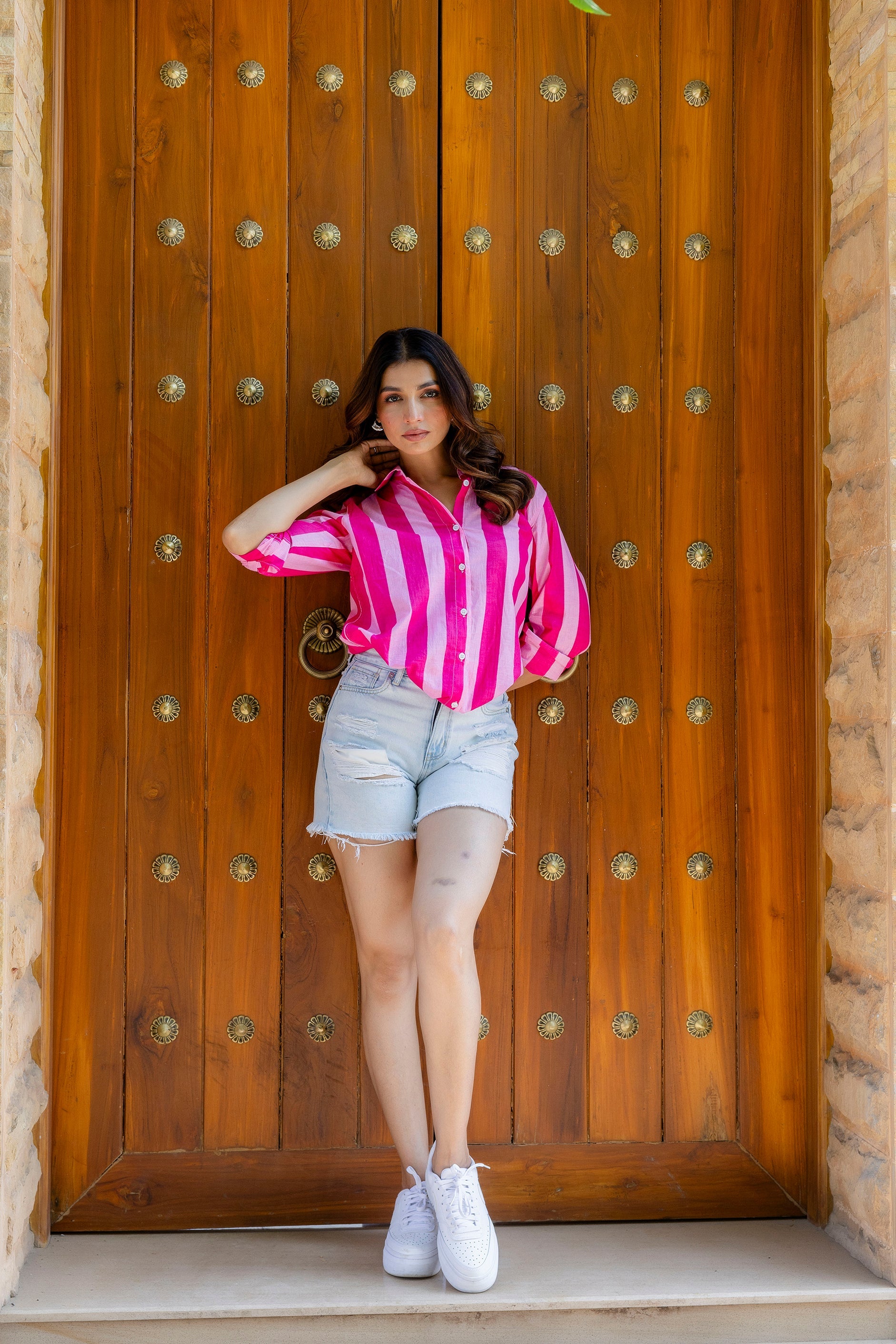 Bubblegum Bliss Striped Cotton Shirt - Hukum Jaipur