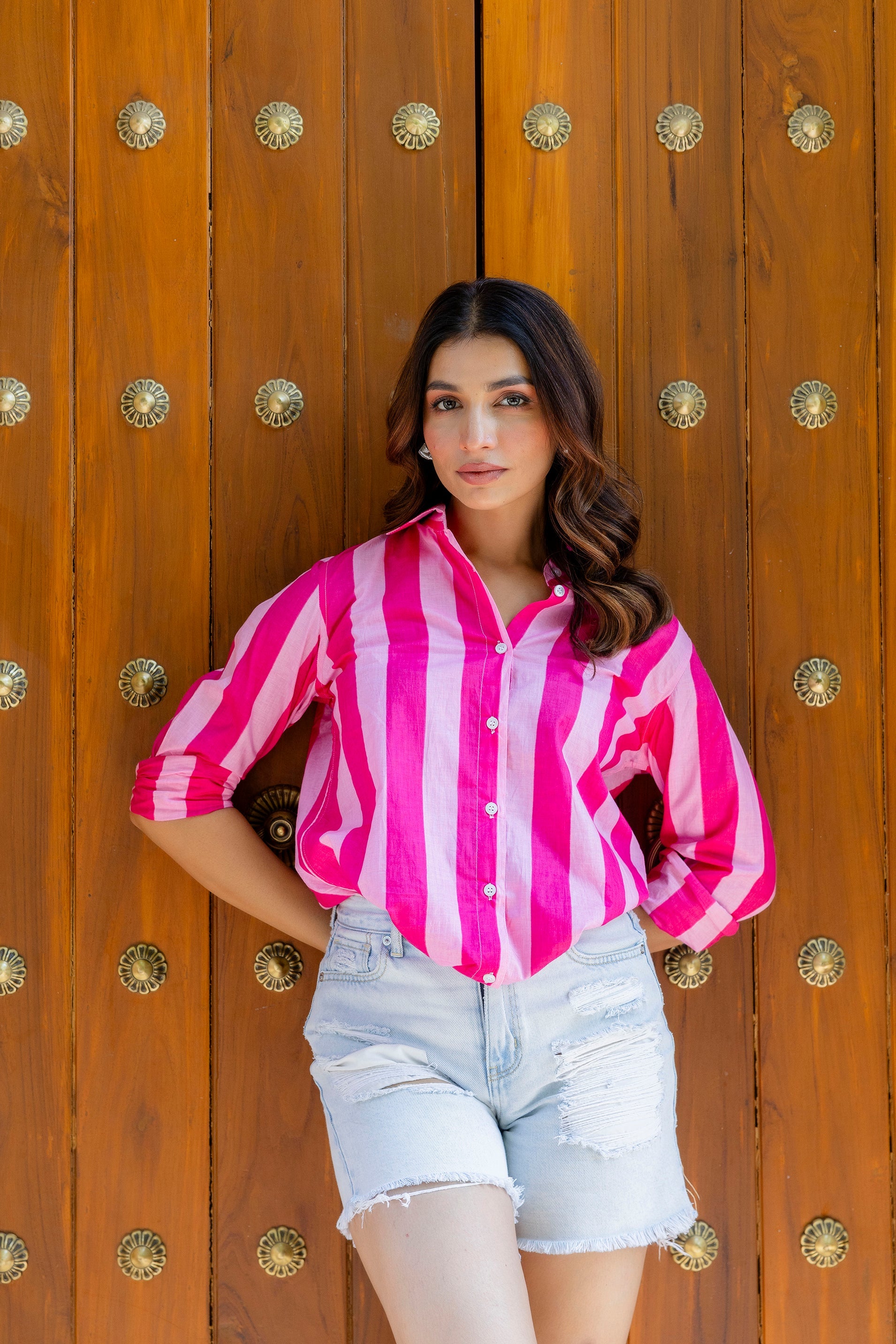 Bubblegum Bliss Striped Cotton Shirt - Hukum Jaipur