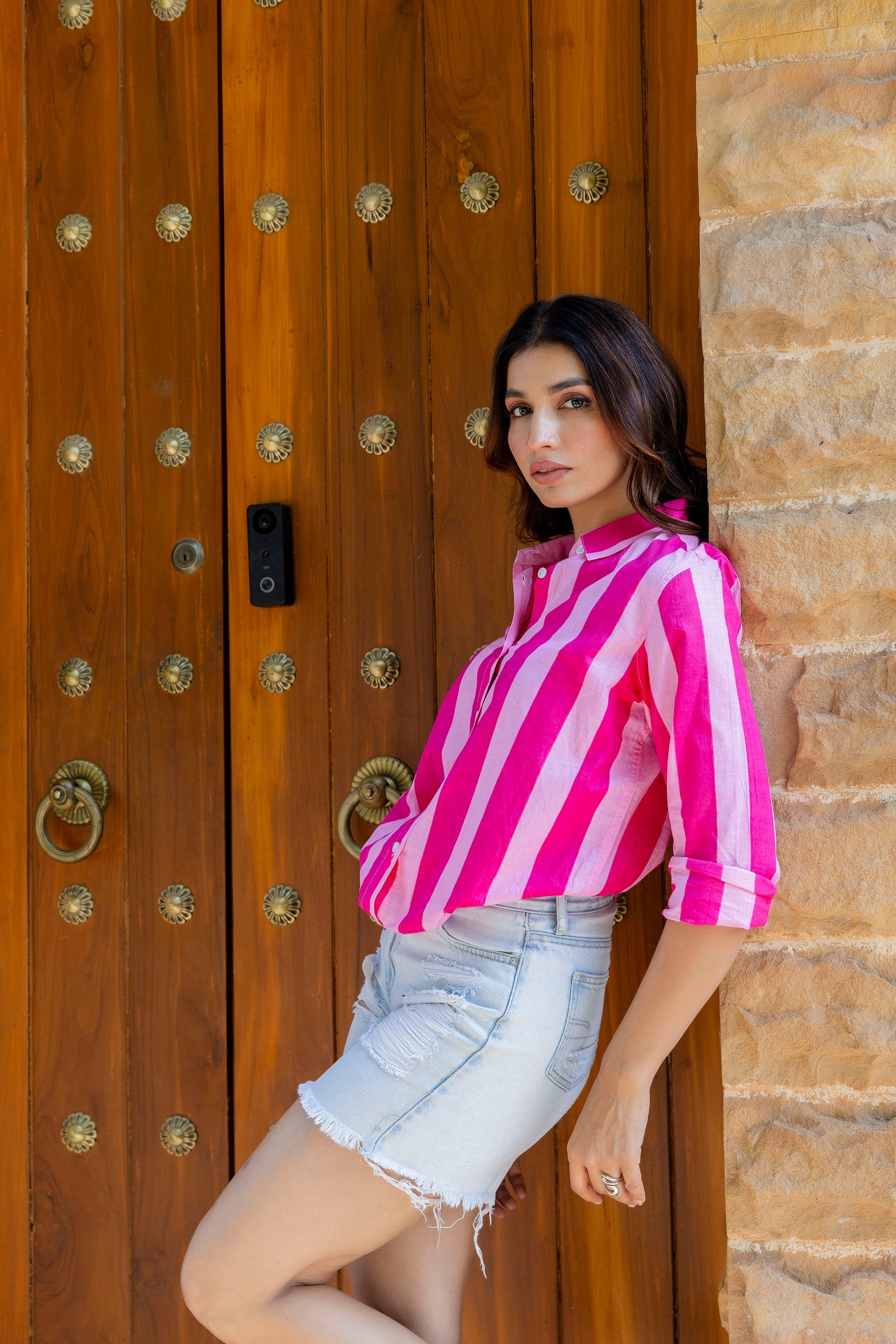 Bubblegum Bliss Striped Cotton Shirt - Hukum Jaipur