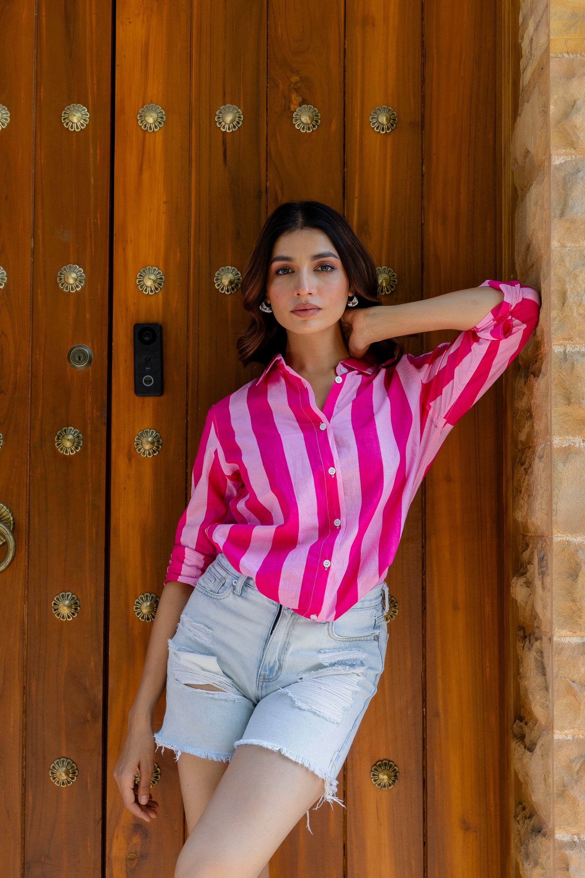 Bubblegum Bliss Striped Cotton Shirt - Hukum Jaipur