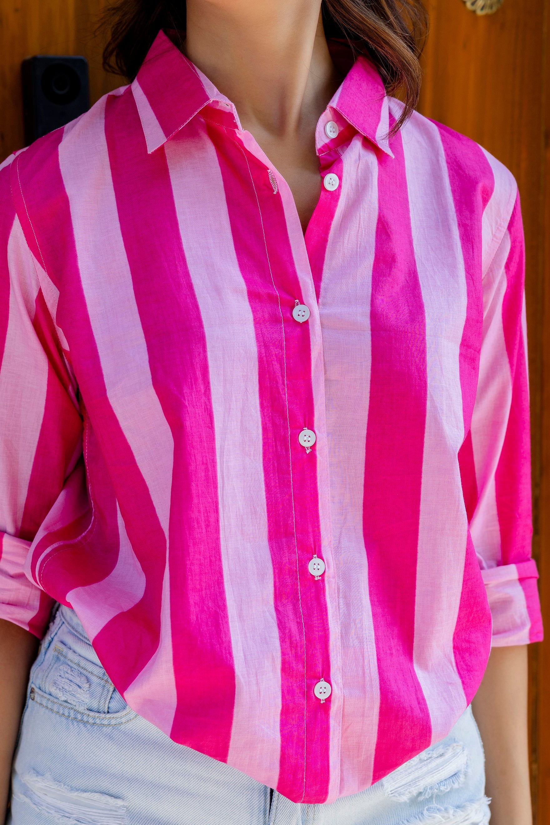 Bubblegum Bliss Striped Cotton Shirt - Hukum Jaipur