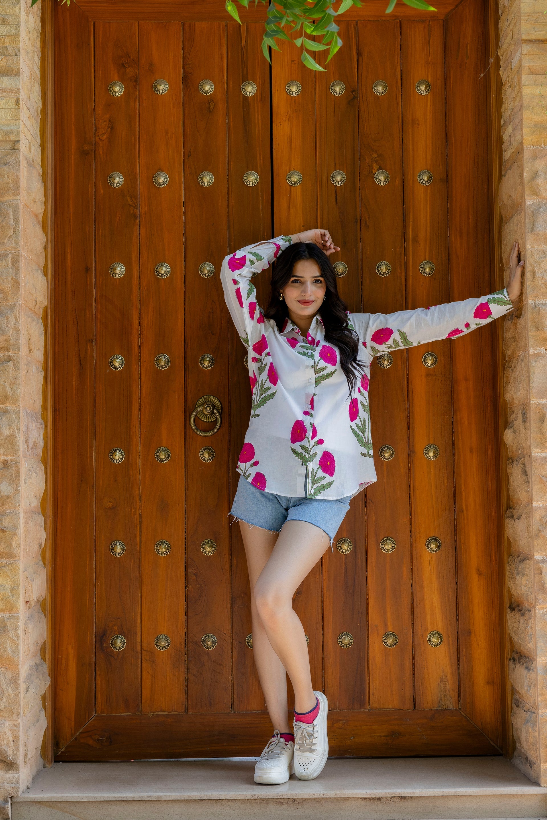 Magenta Poppy Cotton Shirt - Hukum Jaipur