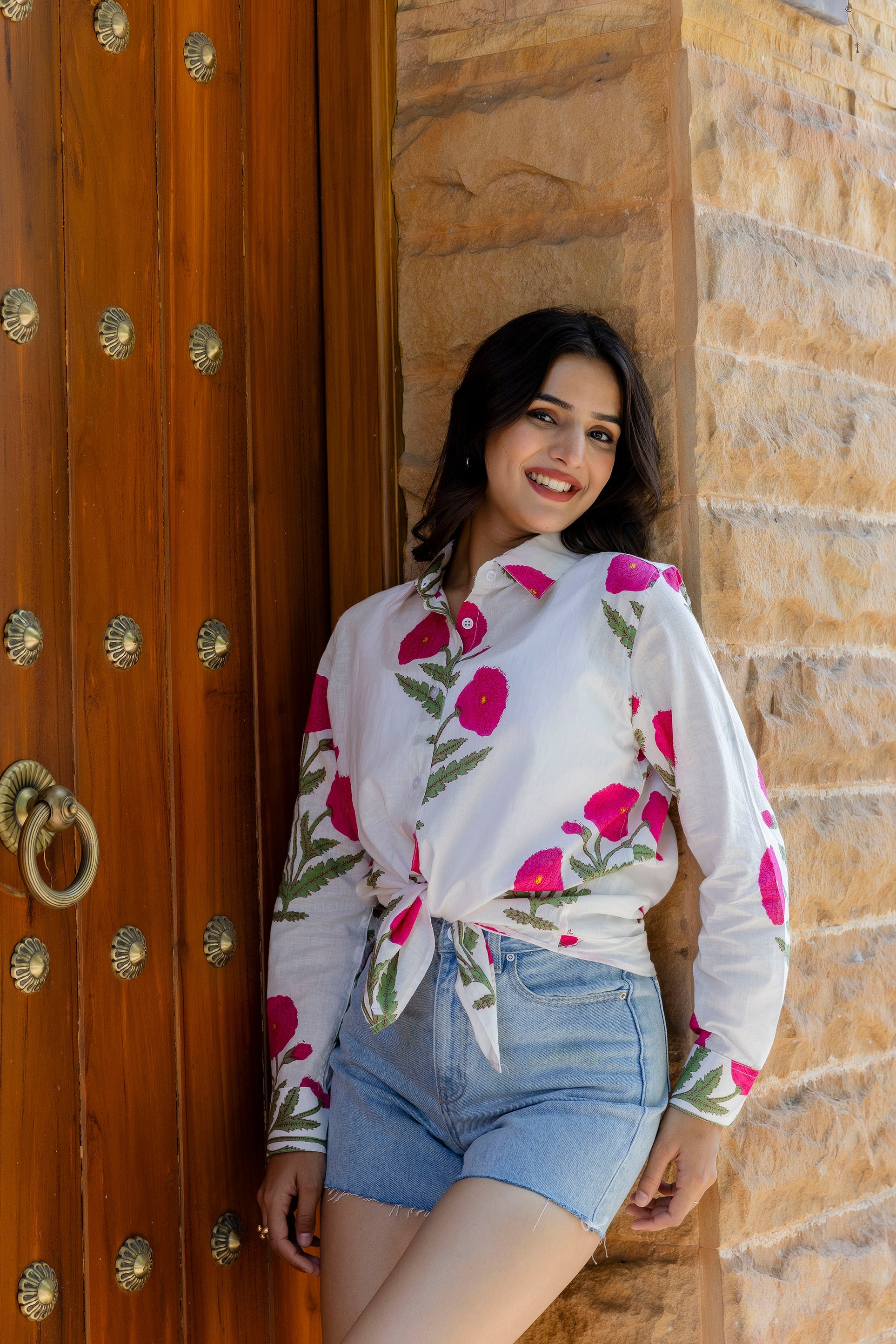 Magenta Poppy Cotton Shirt - Hukum Jaipur