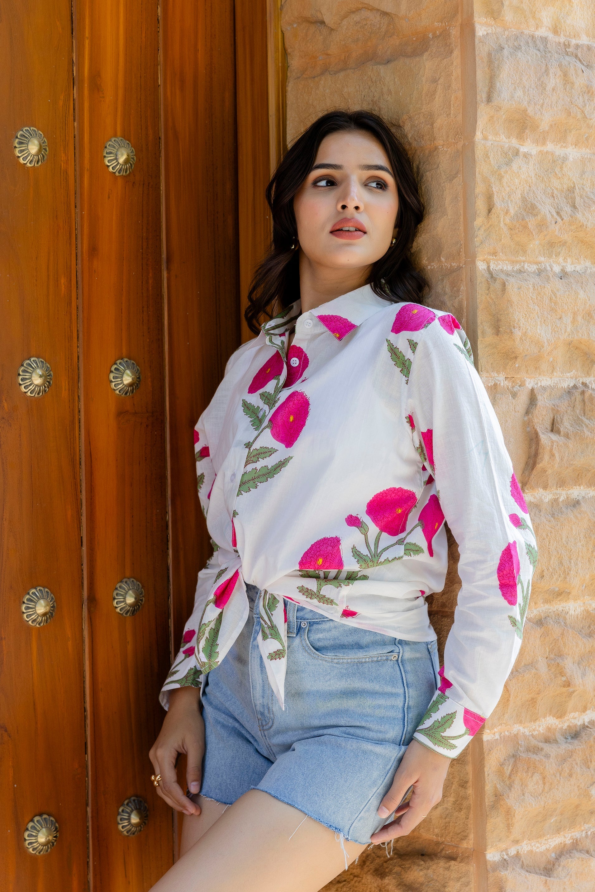 Magenta Poppy Cotton Shirt - Hukum Jaipur