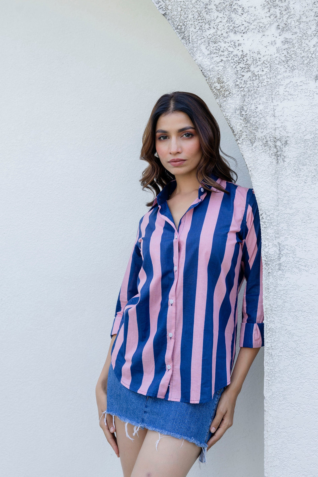 Midnight Rose Striped Cotton Shirt - Hukum Jaipur