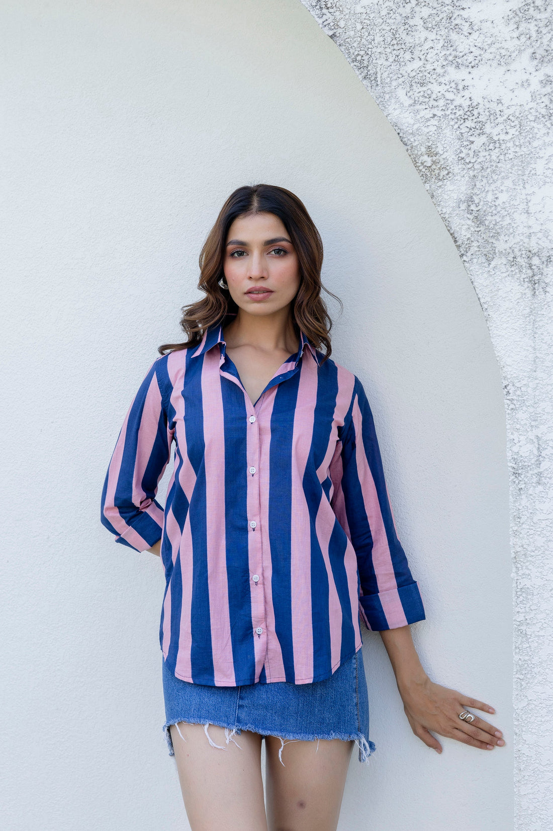 Midnight Rose Striped Cotton Shirt - Hukum Jaipur