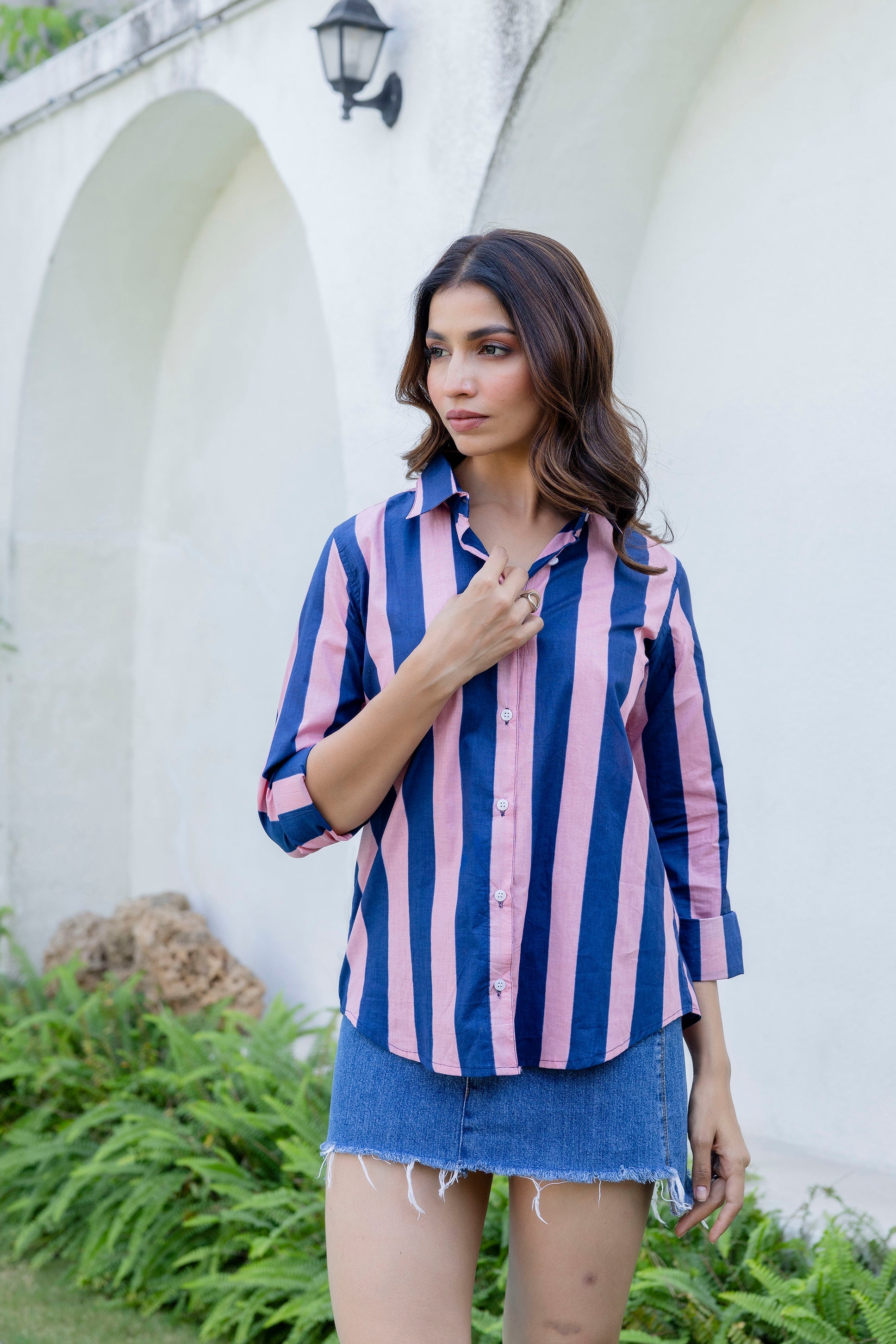 Midnight Rose Striped Cotton Shirt - Hukum Jaipur