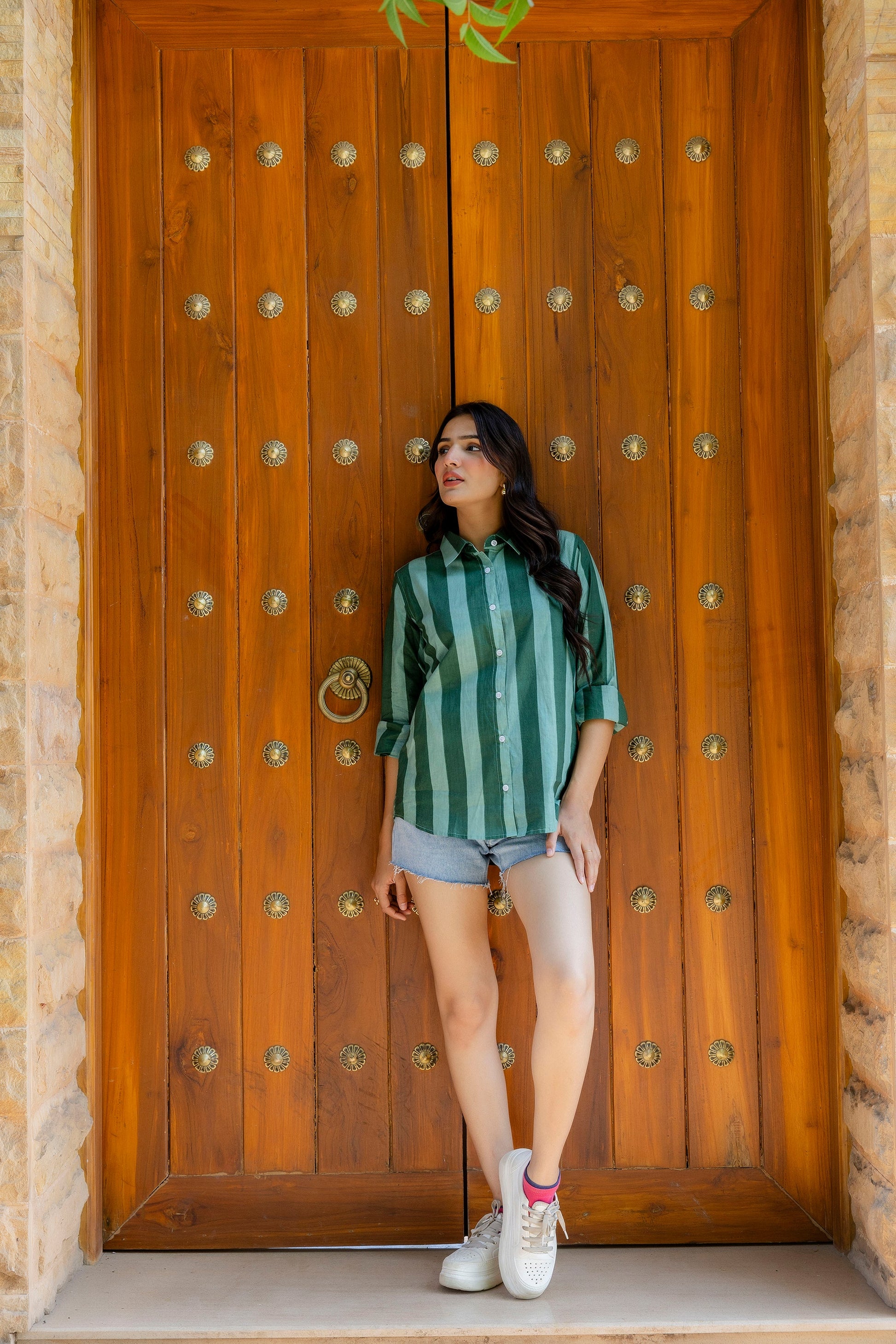 Emerald Promenade Striped Cotton Shirt - Hukum Jaipur