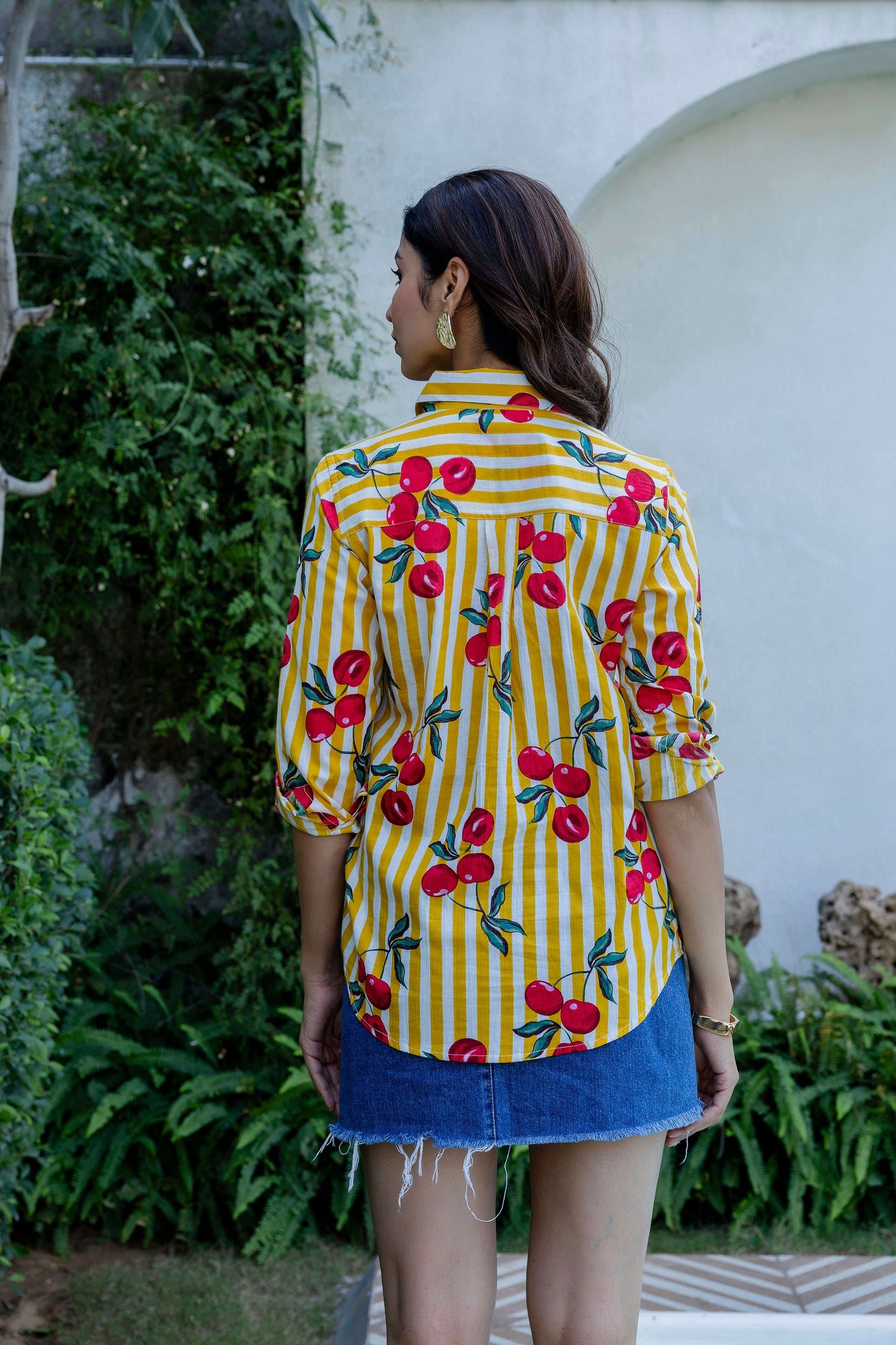 Cherry Sunshine Striped Cotton Shirt - Hukum Jaipur